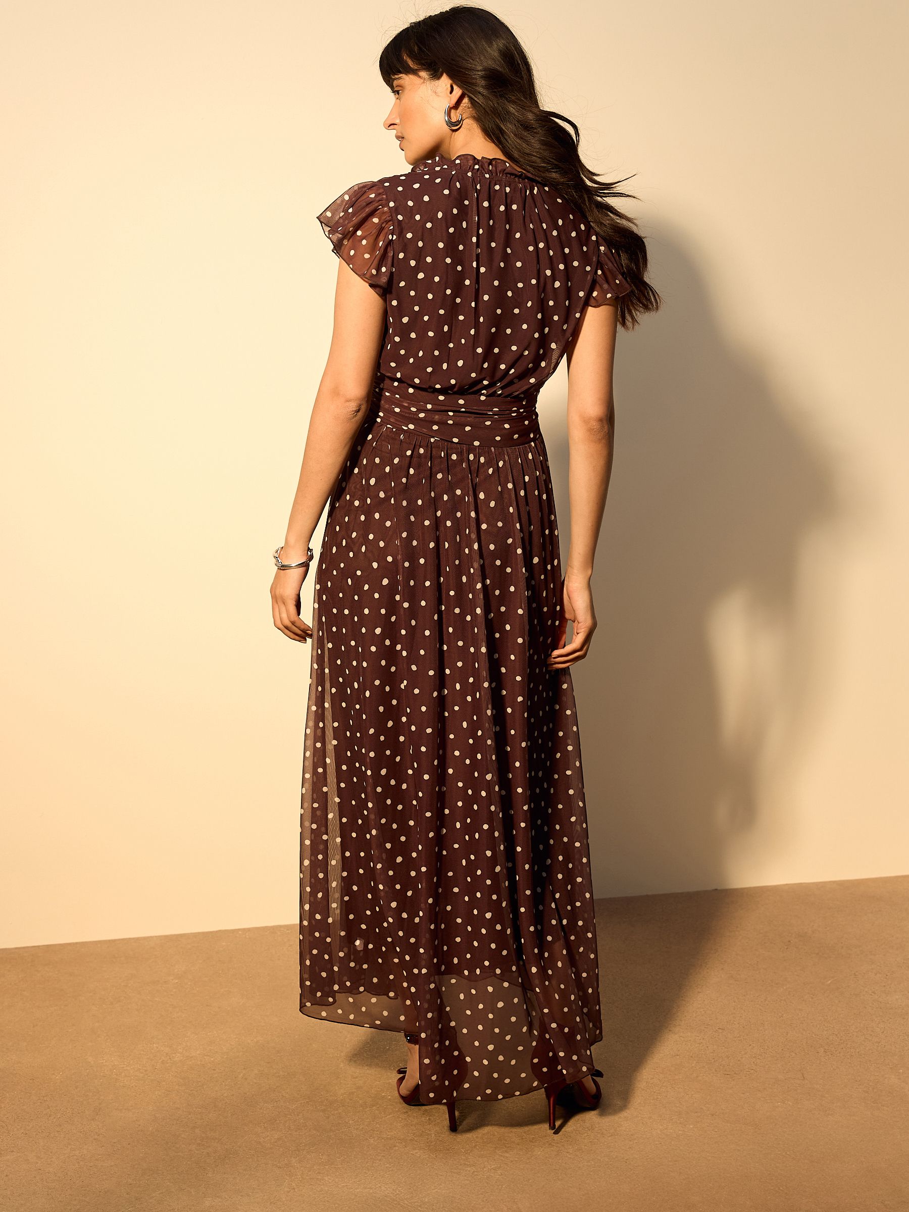 Chocolate Brown Spot Pleated Mesh Print V-Neck Occasion Maxi Dress