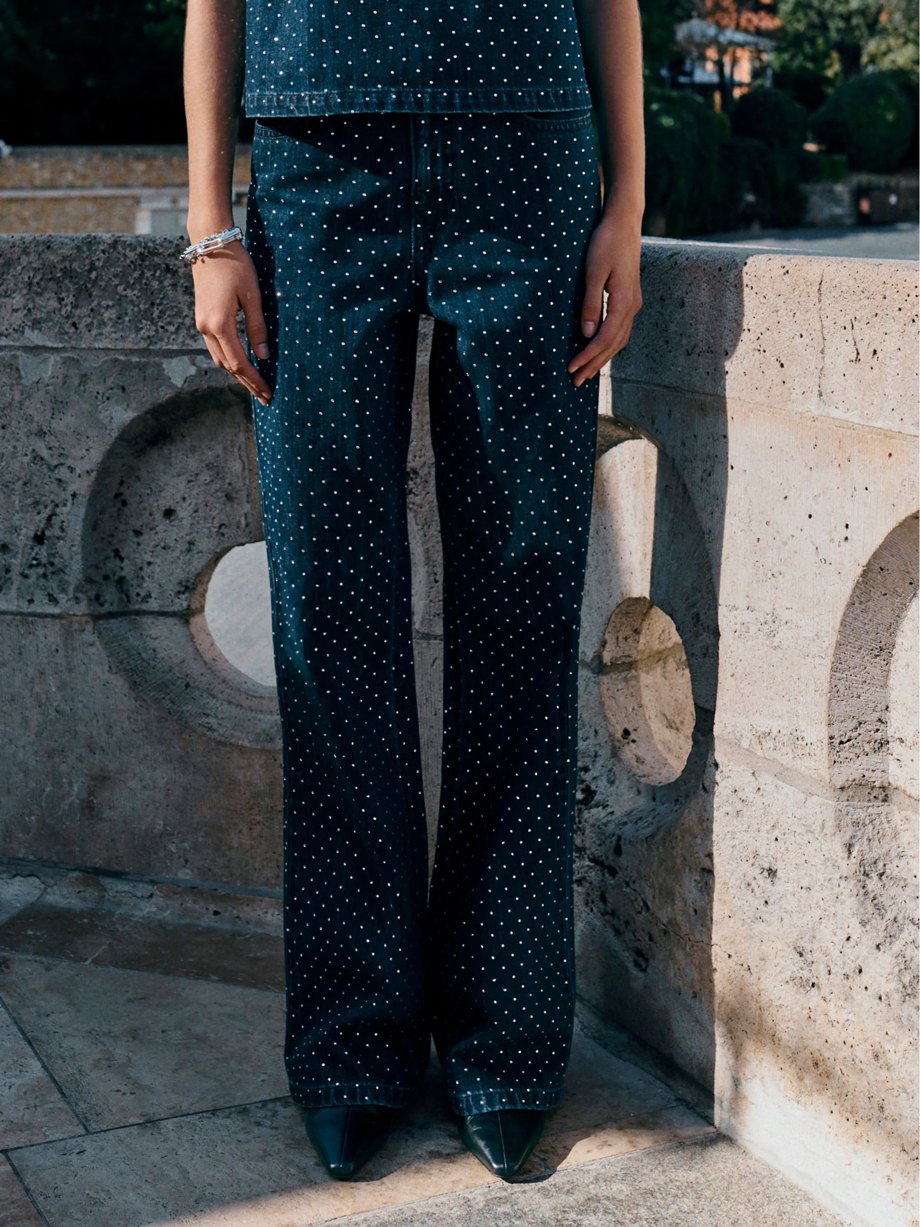 Rinse Blue Embellished Wide Leg Jeans