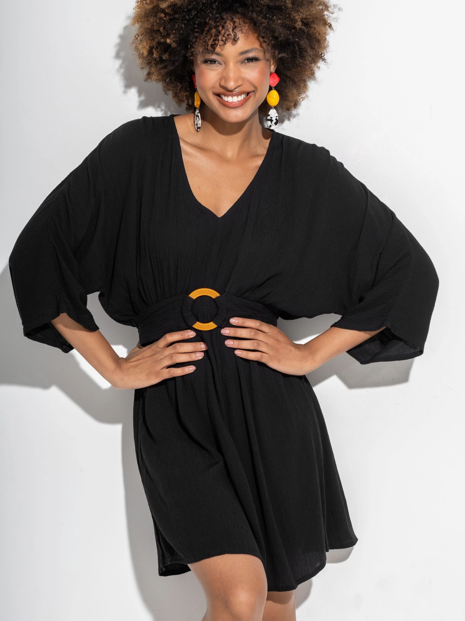 Pour Moi Black Crinkle O Ring Woven Beach Cover-Up