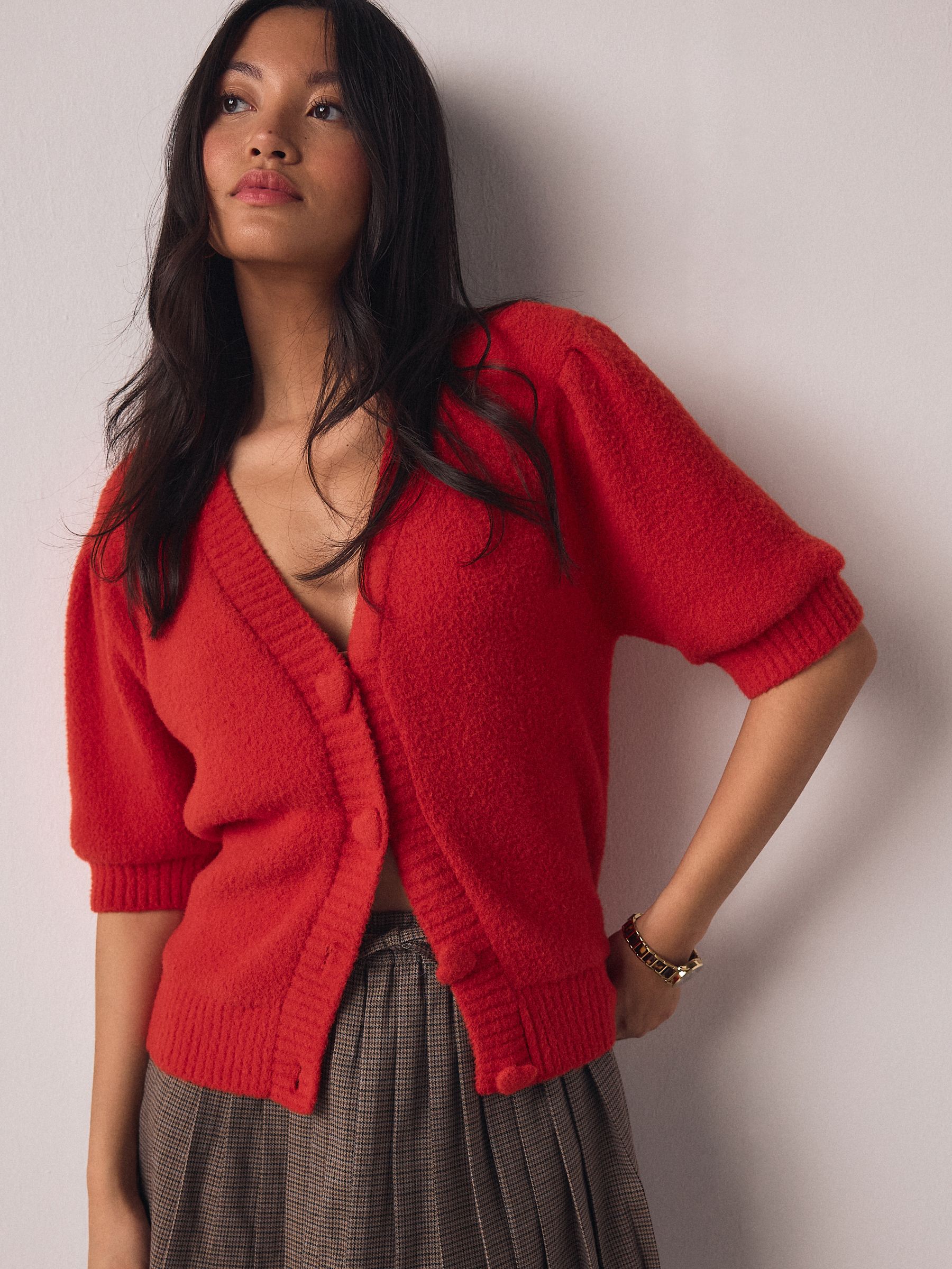 Red Cosy Short Sleeve Heart Button Cardigan