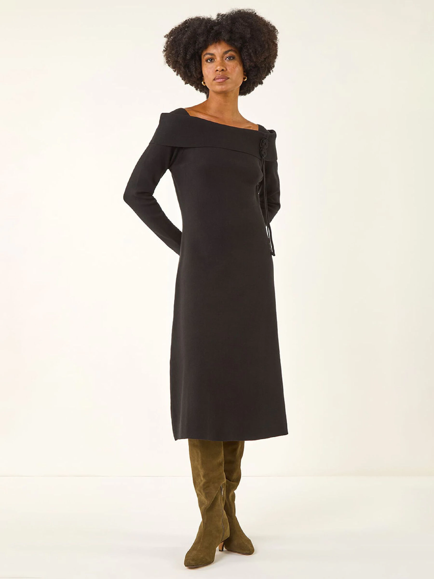 Roman Black Floral Bardot Knit Midi Dress