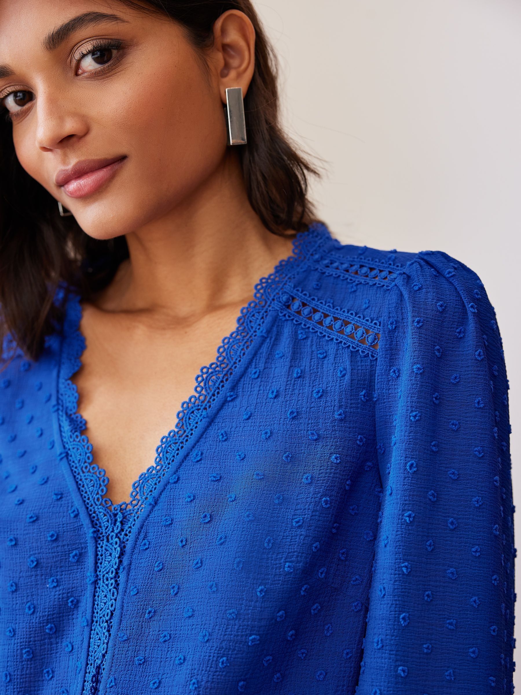 Love & Roses Cobalt Blue V-Neck Lace Long Sleeve Dobby Blouse