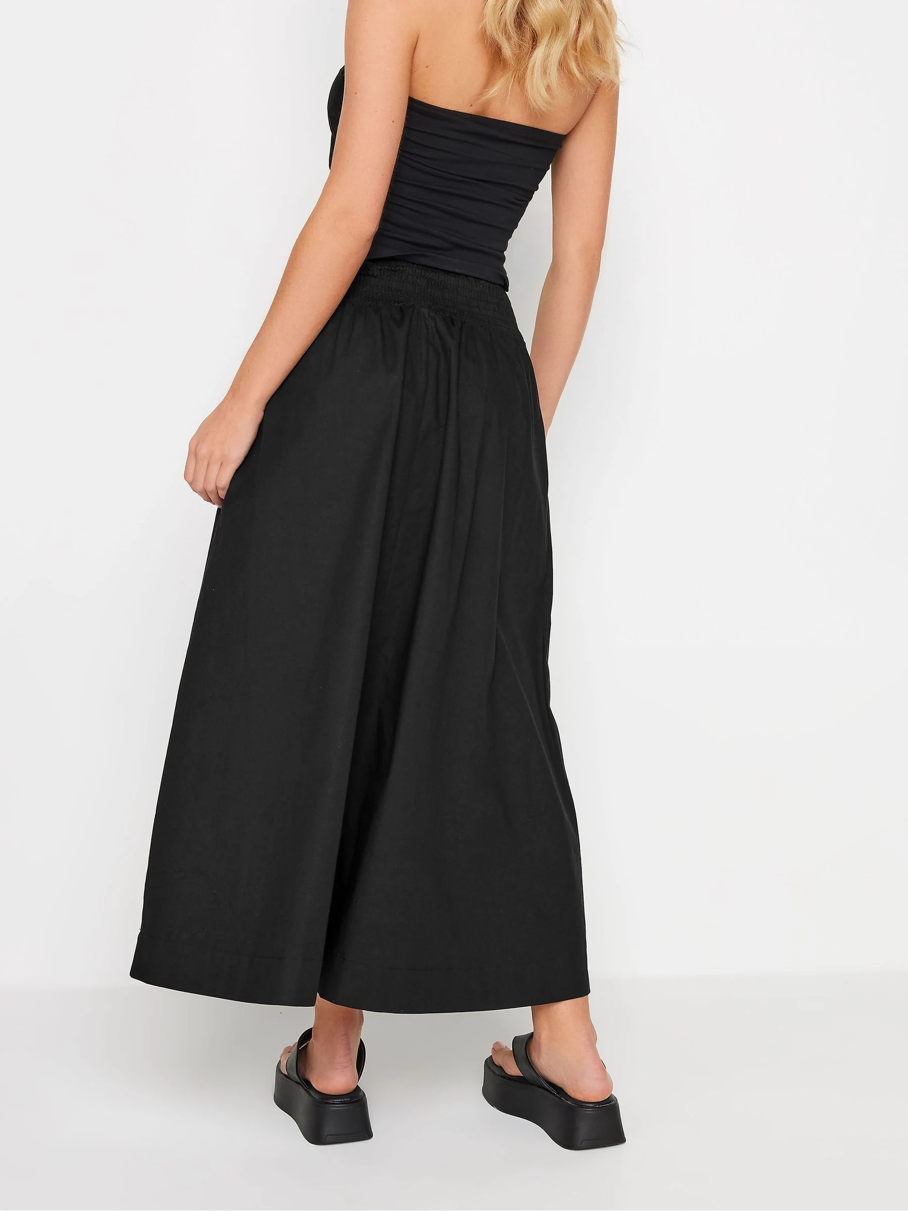 PixieGirl Petite Black Poplin Shirred Maxi Skirt