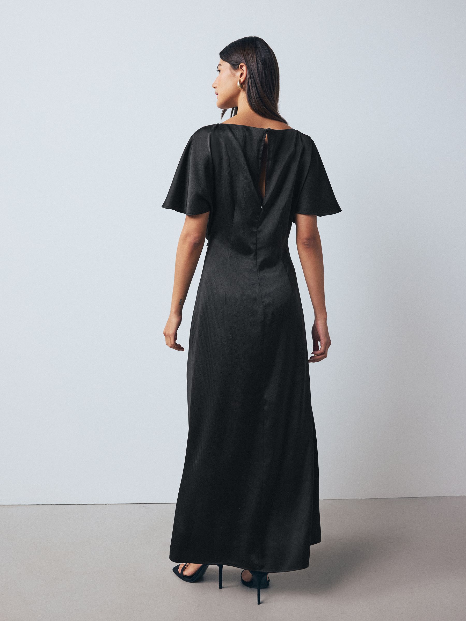 Black Textured Satin Short Sleeve Twist Front Midi Dress