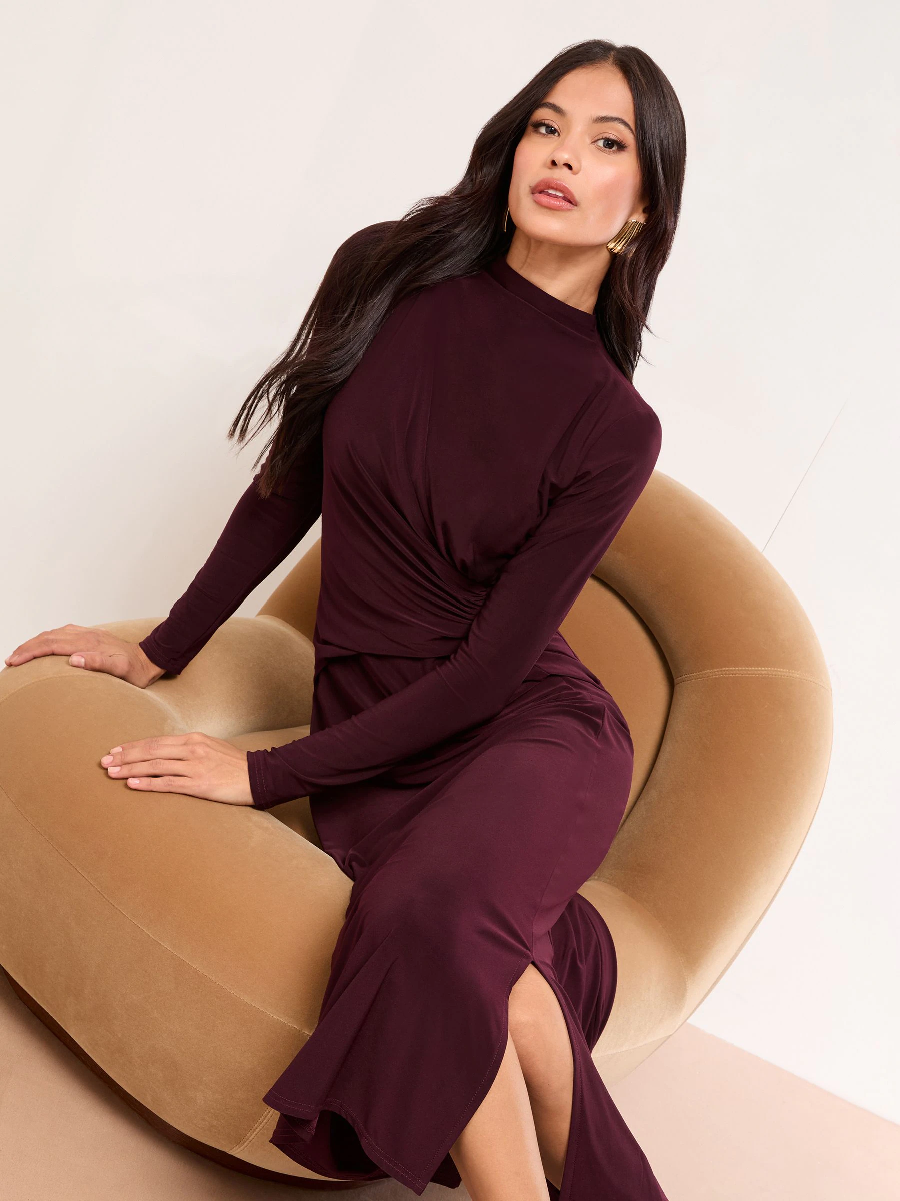 Lipsy Burgundy Red Petite Long Sleeve Jersey Knot side Midi Dress
