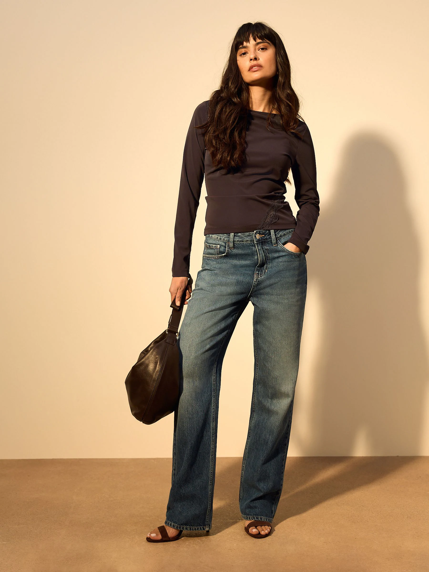 Chocolate Brown Lace Detail Long Sleeve Top