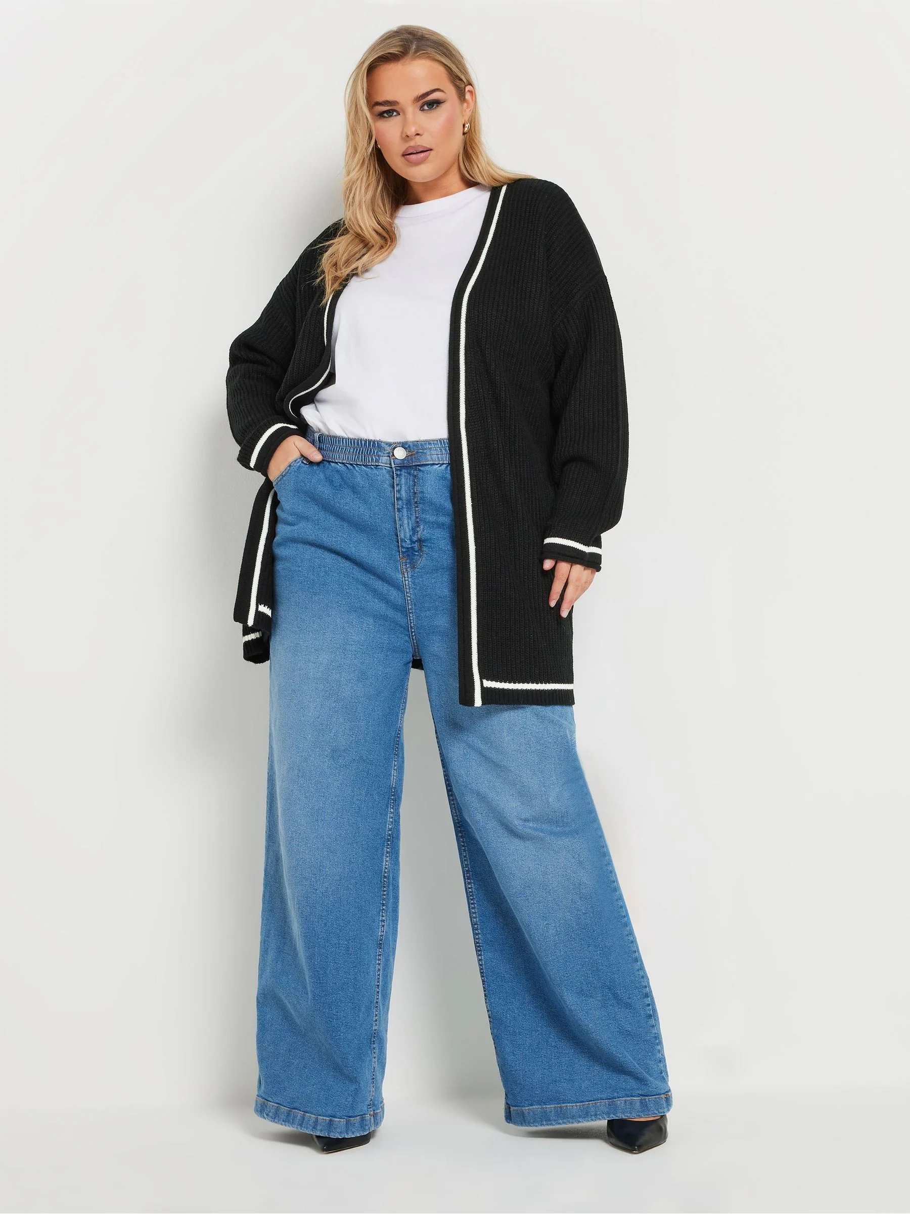 Yours Curve Black Contrast Kitted Cardigan