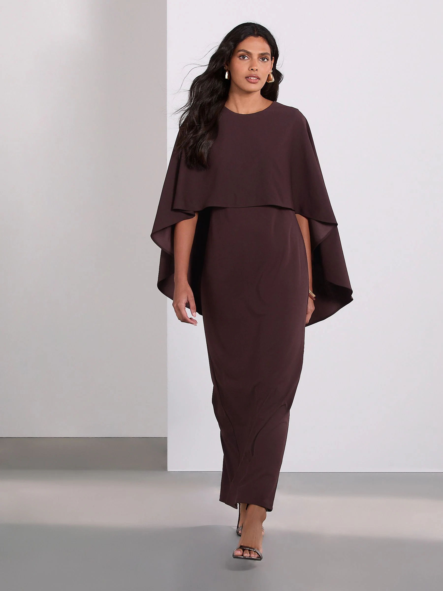 Chocolate Brown Cape Maxi Dress