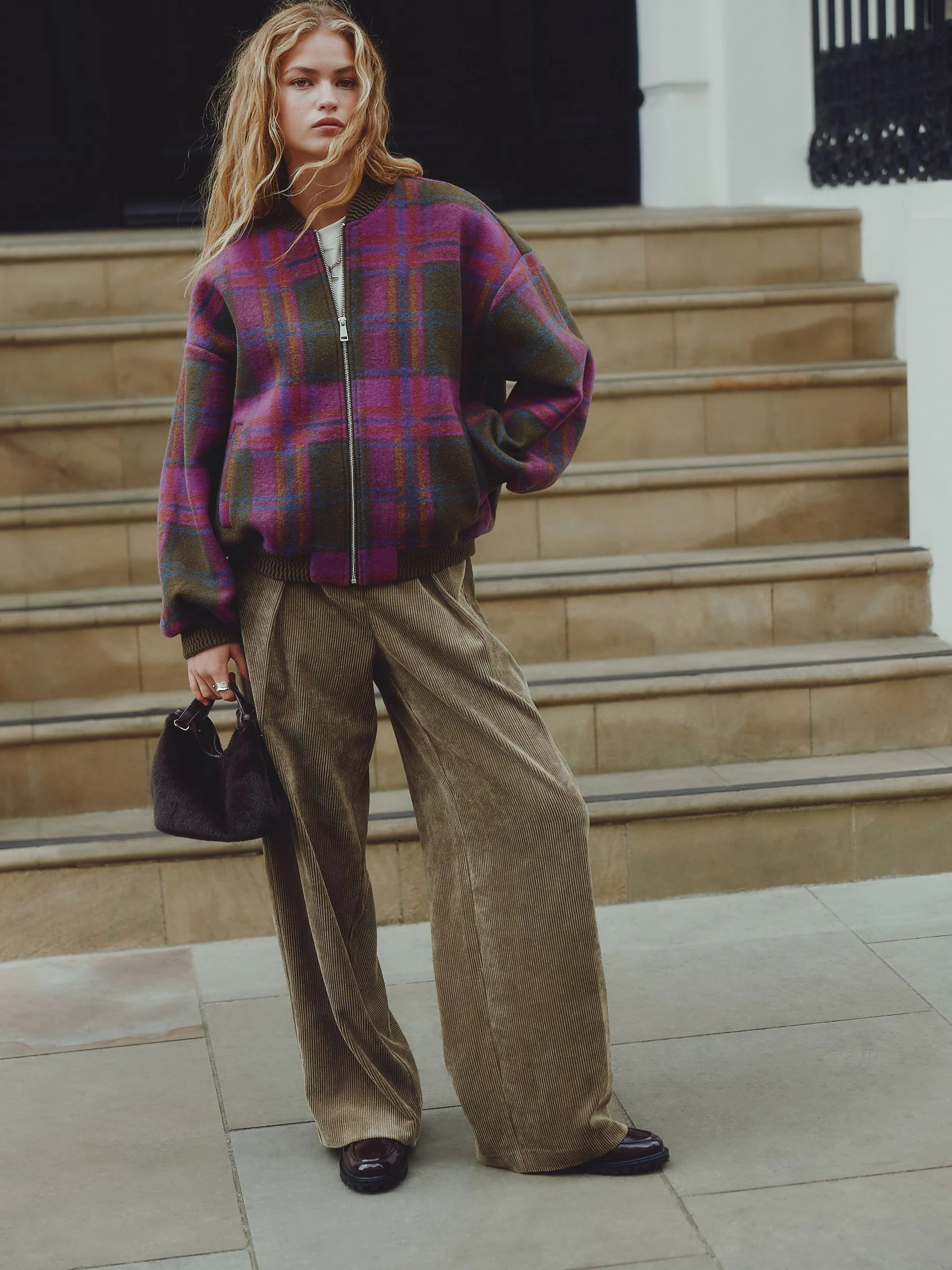 Olive Green/Pink Check Ribbed Detail Brushed Bomber Jacket