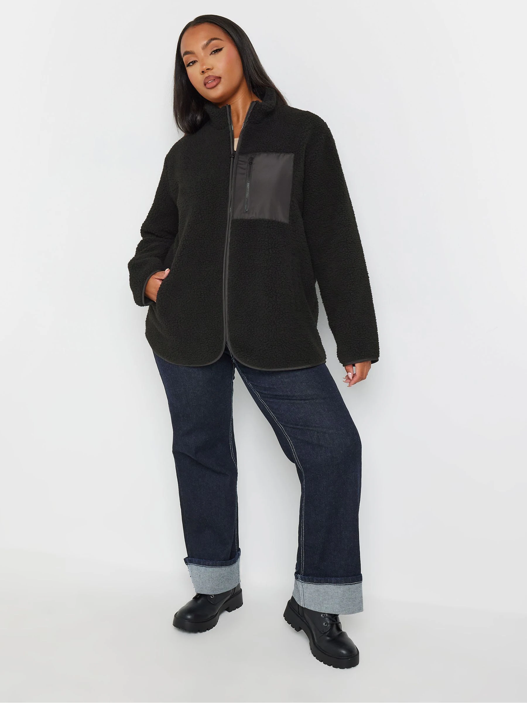 Yours Curve Black Pocket Teddy Fleece Jacket