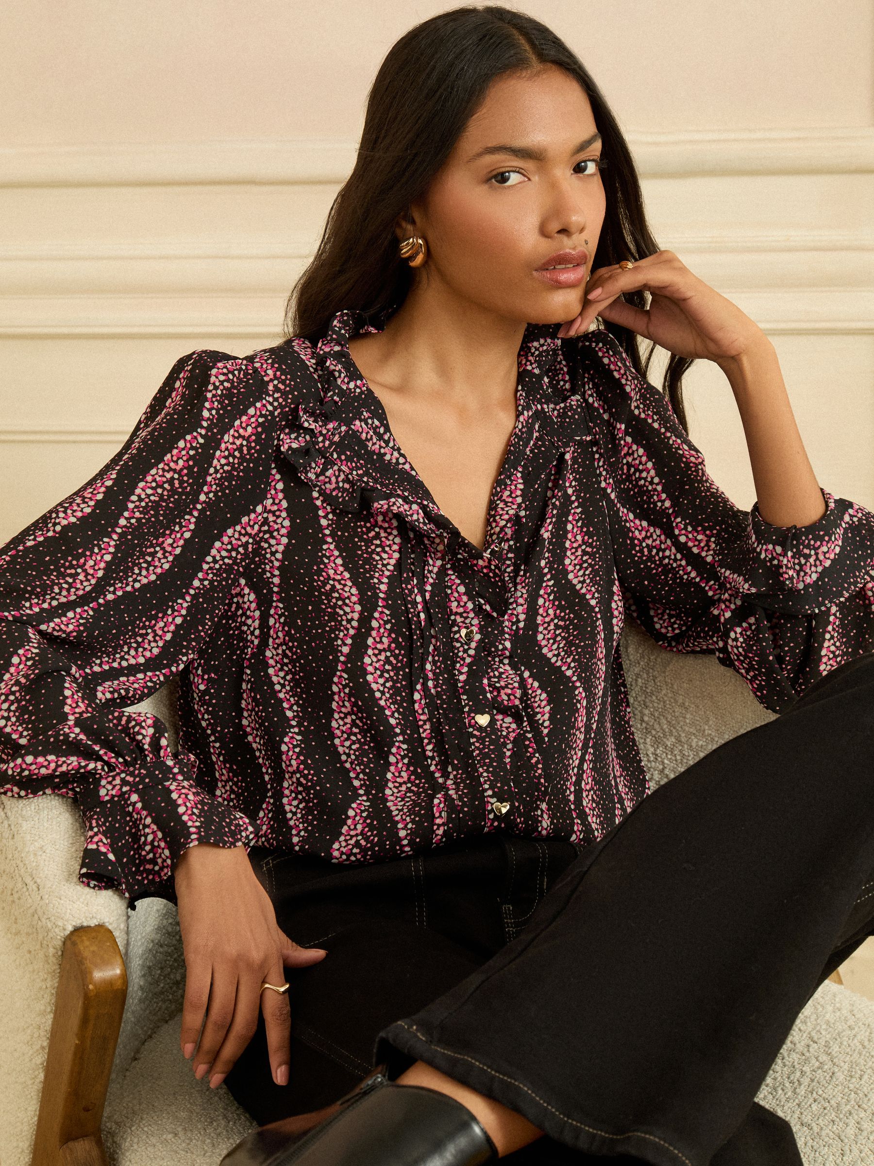 Love & Roses Pink Spot Long Sleeve Frill Detail Blouse