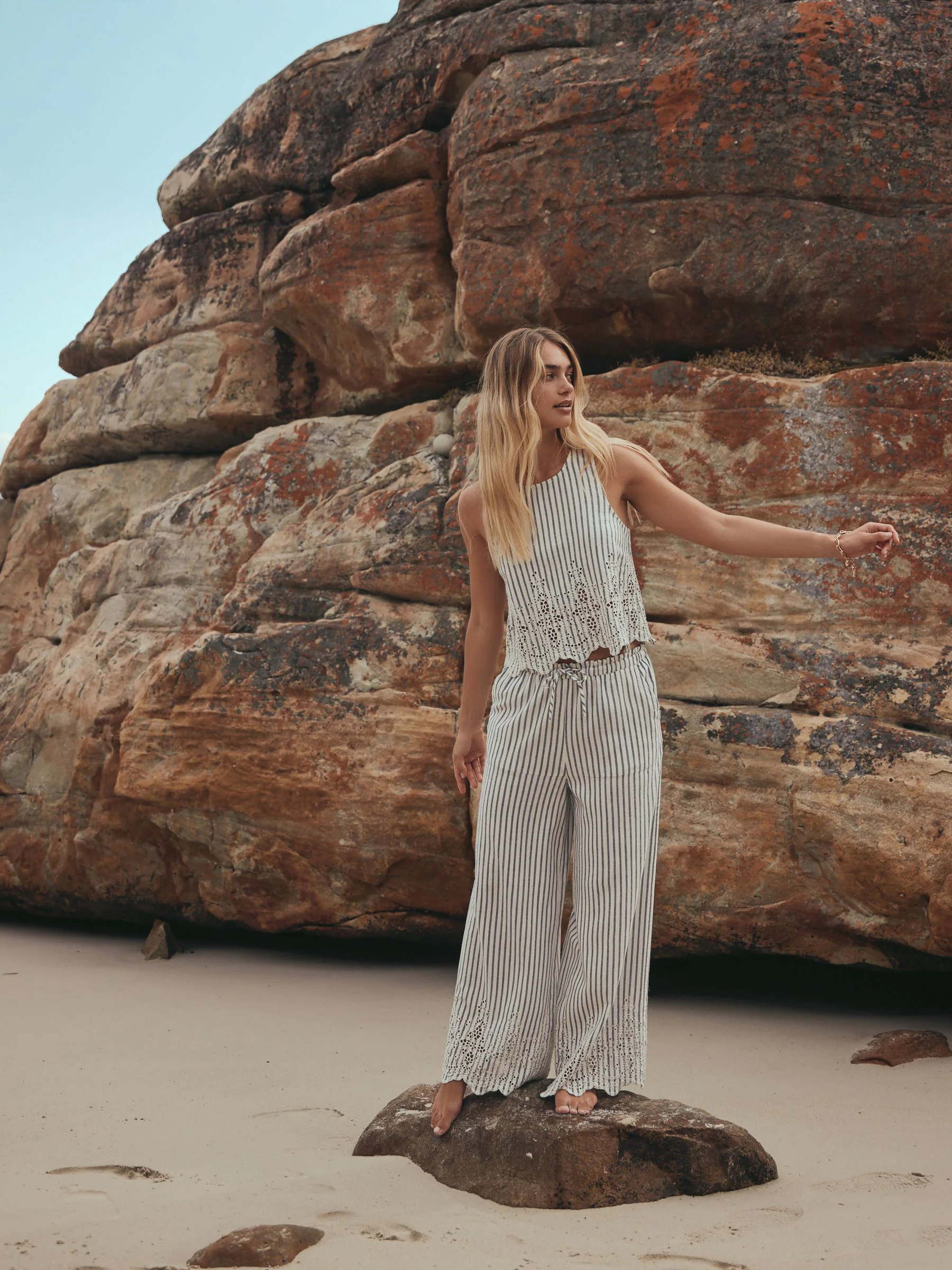 Blue/White Stripe Broderie Shell Top
