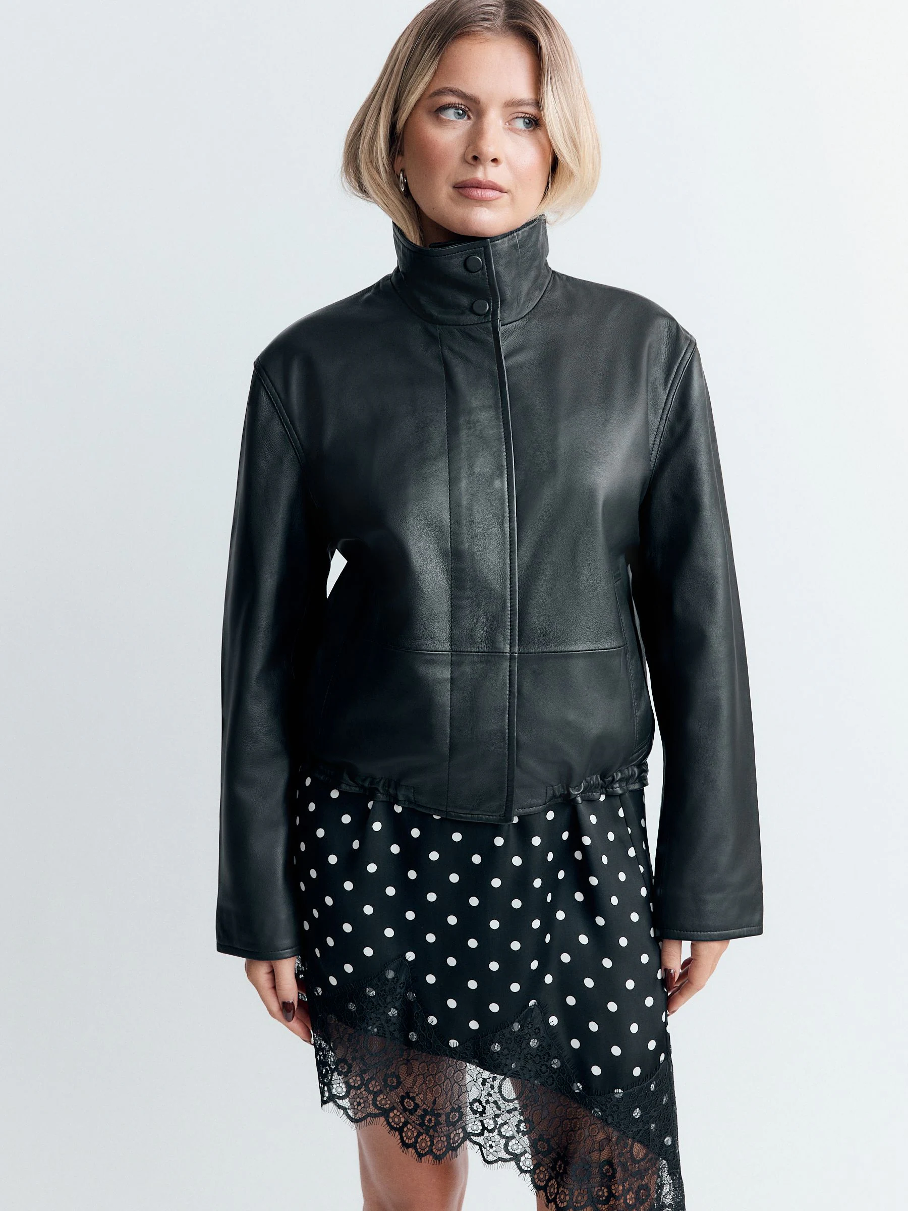 Black N. Premium Real Leather Funnel Neck Jacket