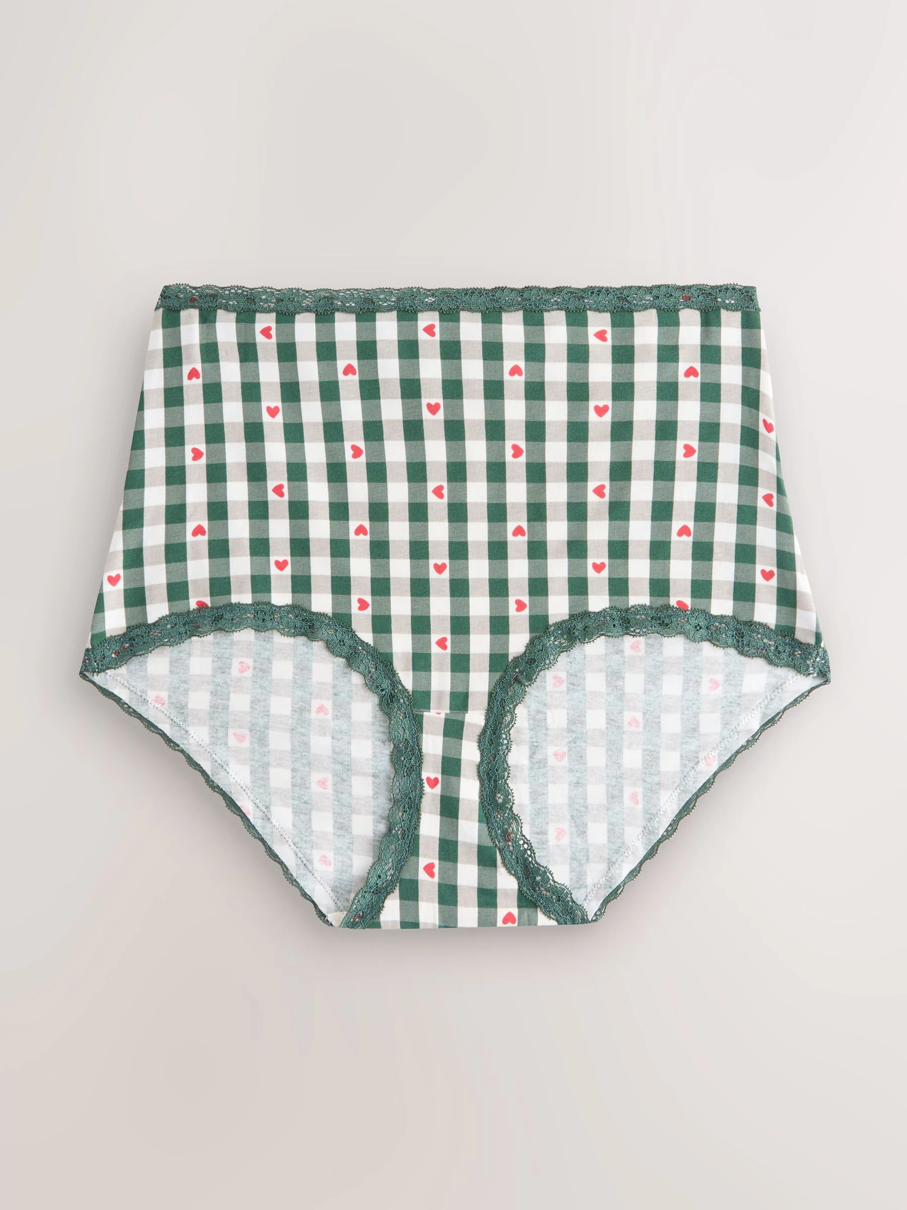 Red Heart/Green Check Full Brief Cotton Lace Knickers 4 Pack