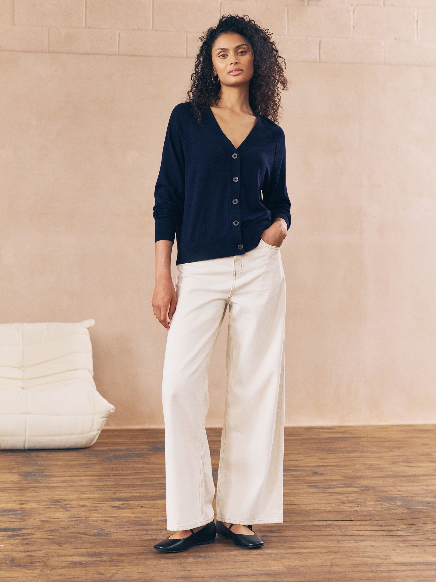 Navy Blue Soft Touch V-Neck Cotton Rich Button Up Cardigan