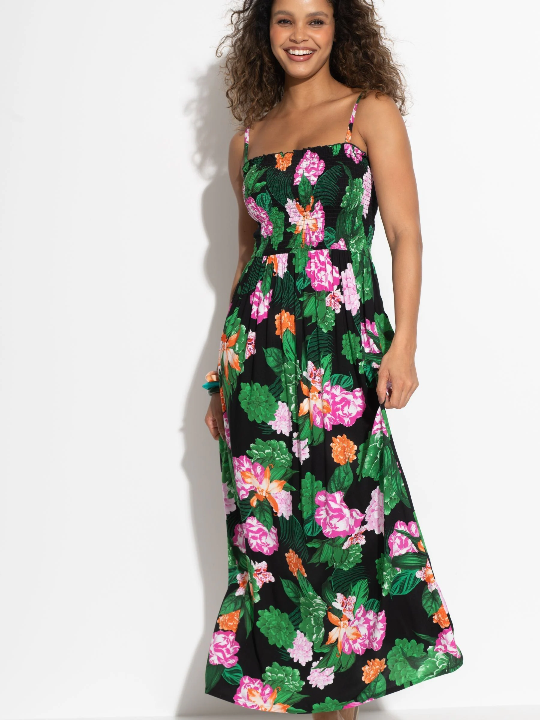 Pour Moi Black/Green/Pink Emma Strapless Shirred Bodice Maxi Beach Dress