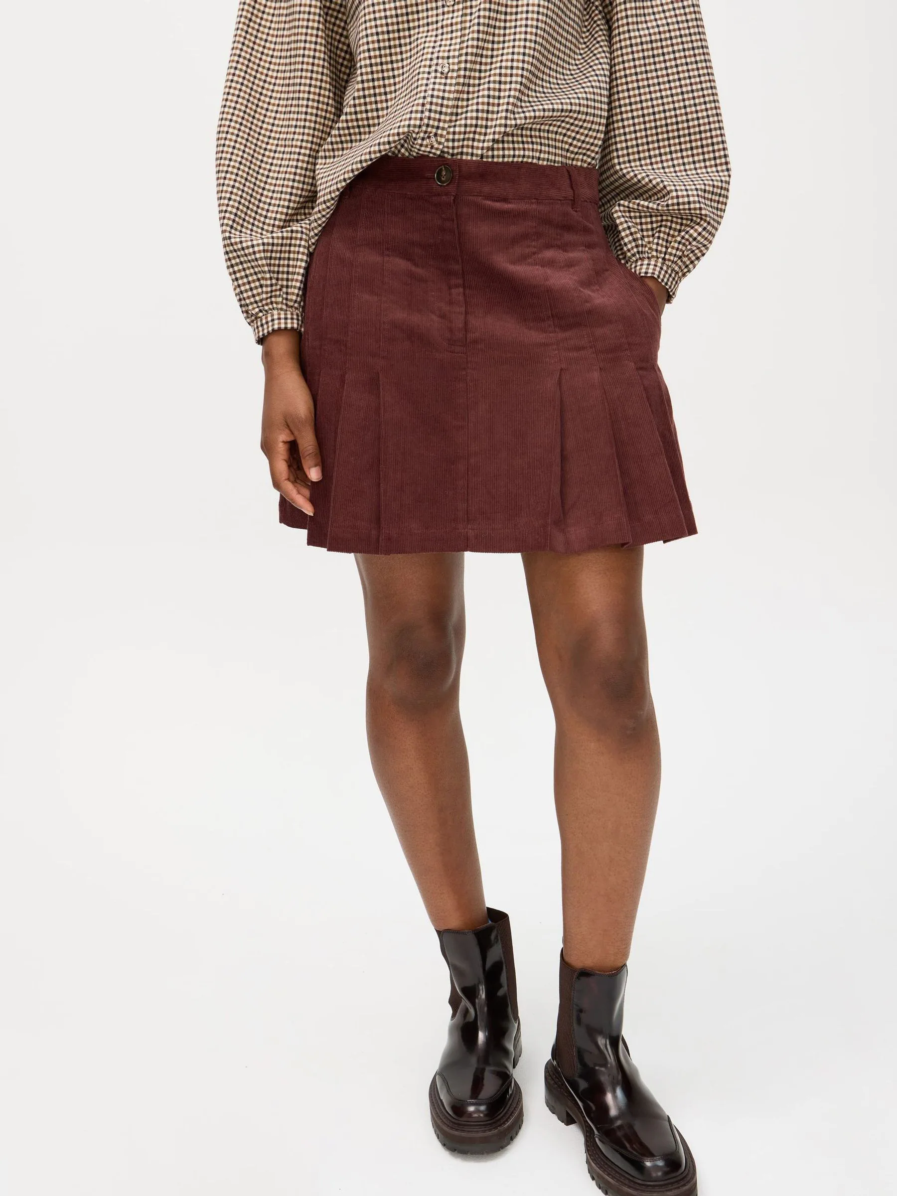 Oliver Bonas Brown Corduroy Pleated Mini Skirt
