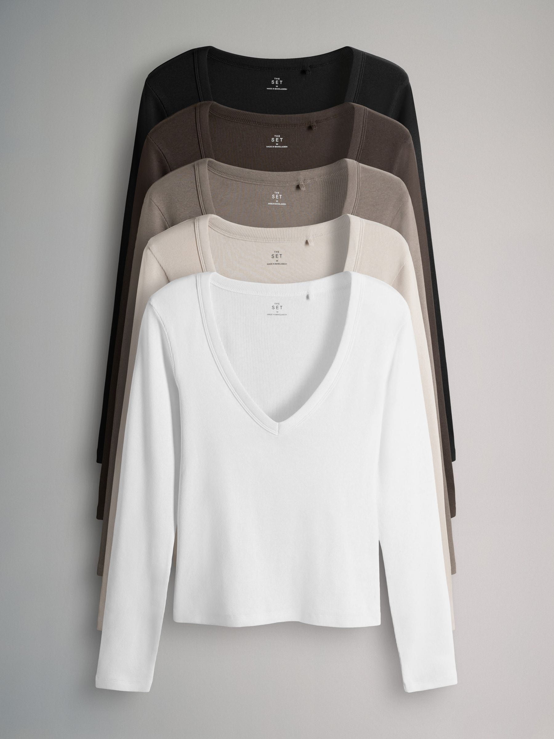 The Set 5 Pack Long Sleeve V-Neck Ribbed T-Shirts Multi
