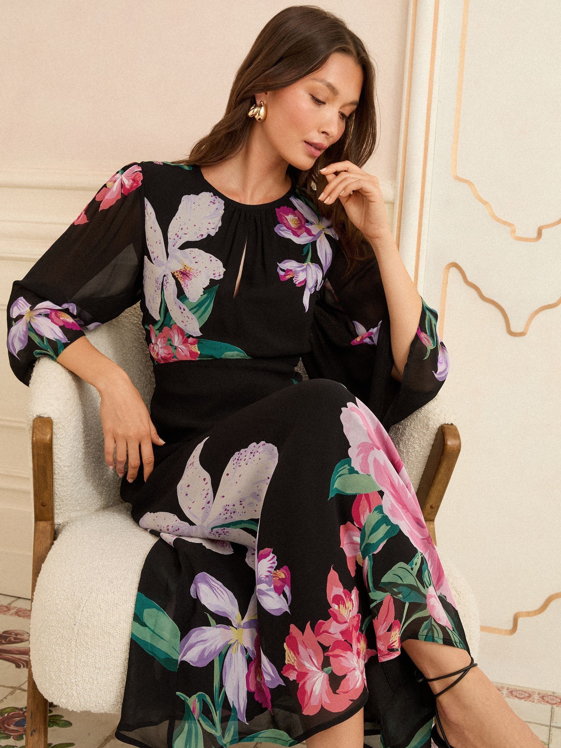 Love & Roses Black Floral Printed Midi Dress