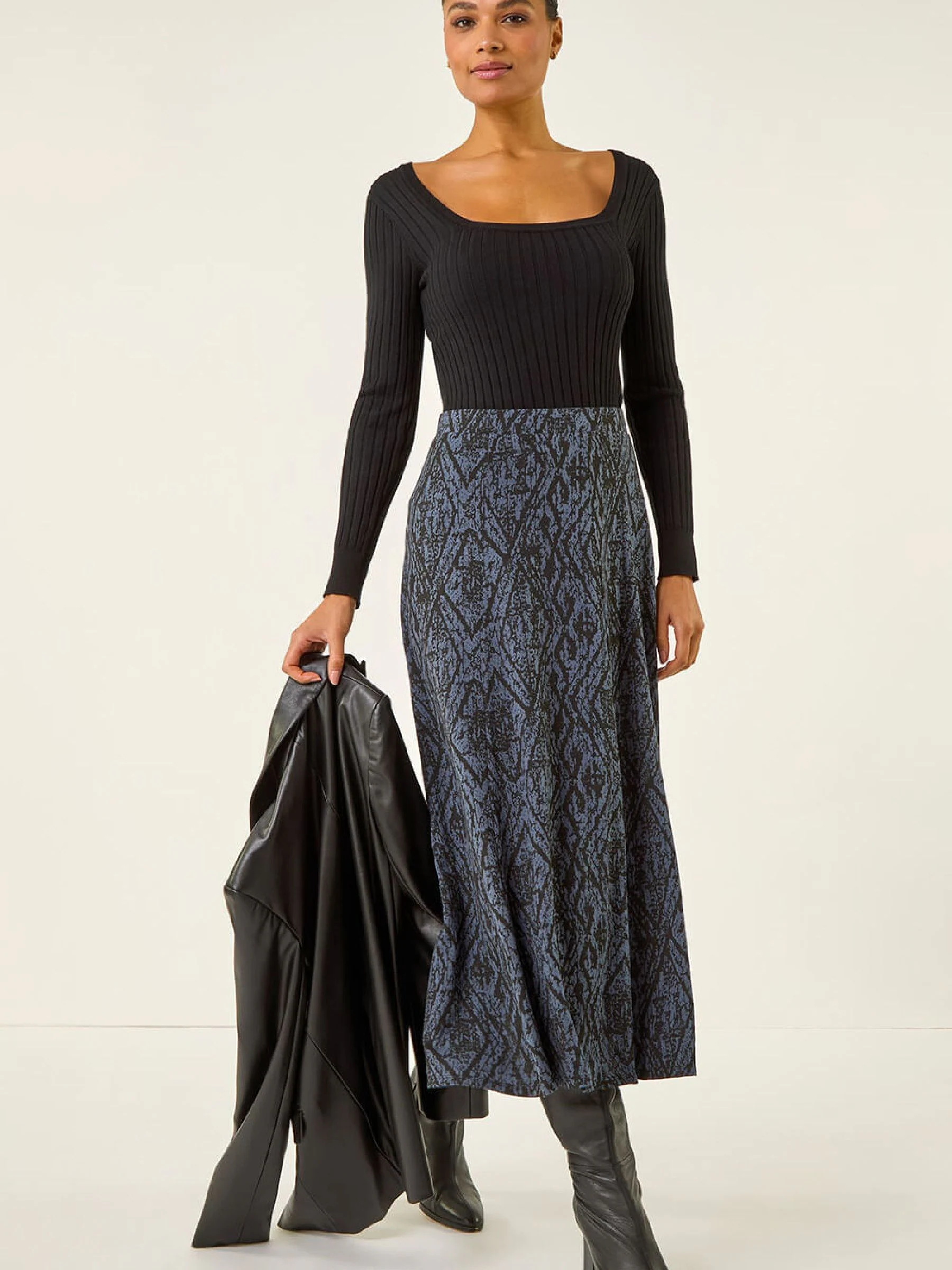 Roman Blue Abstract Diamond Print Midi Skirt