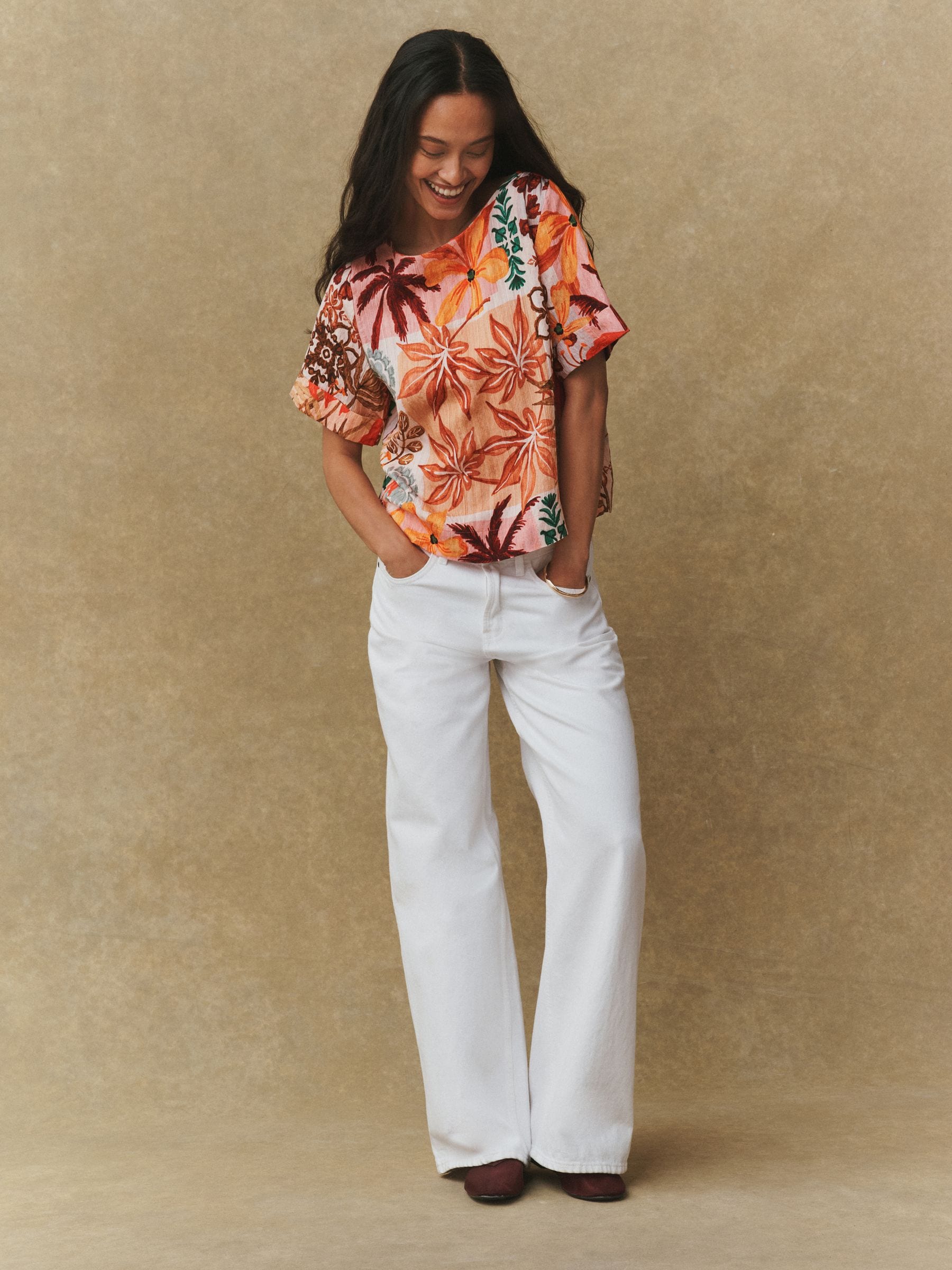 Orange Palm Print Short Sleeve Boxy Top