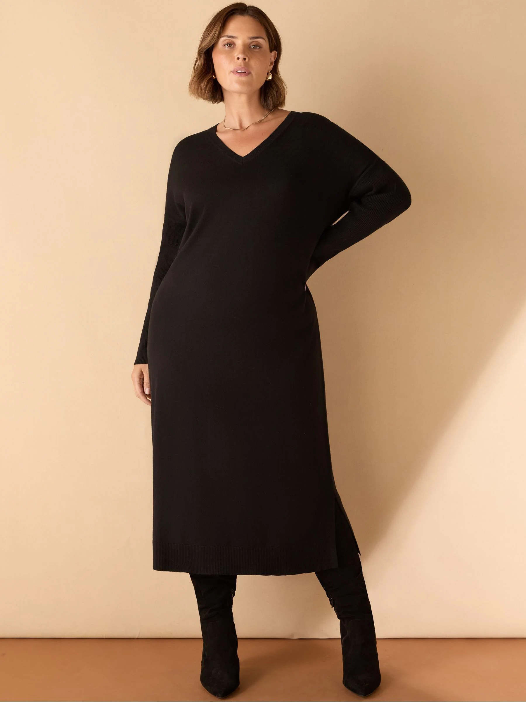 Live Unlimited Black Curve V-Neck Knit Jumper Dress