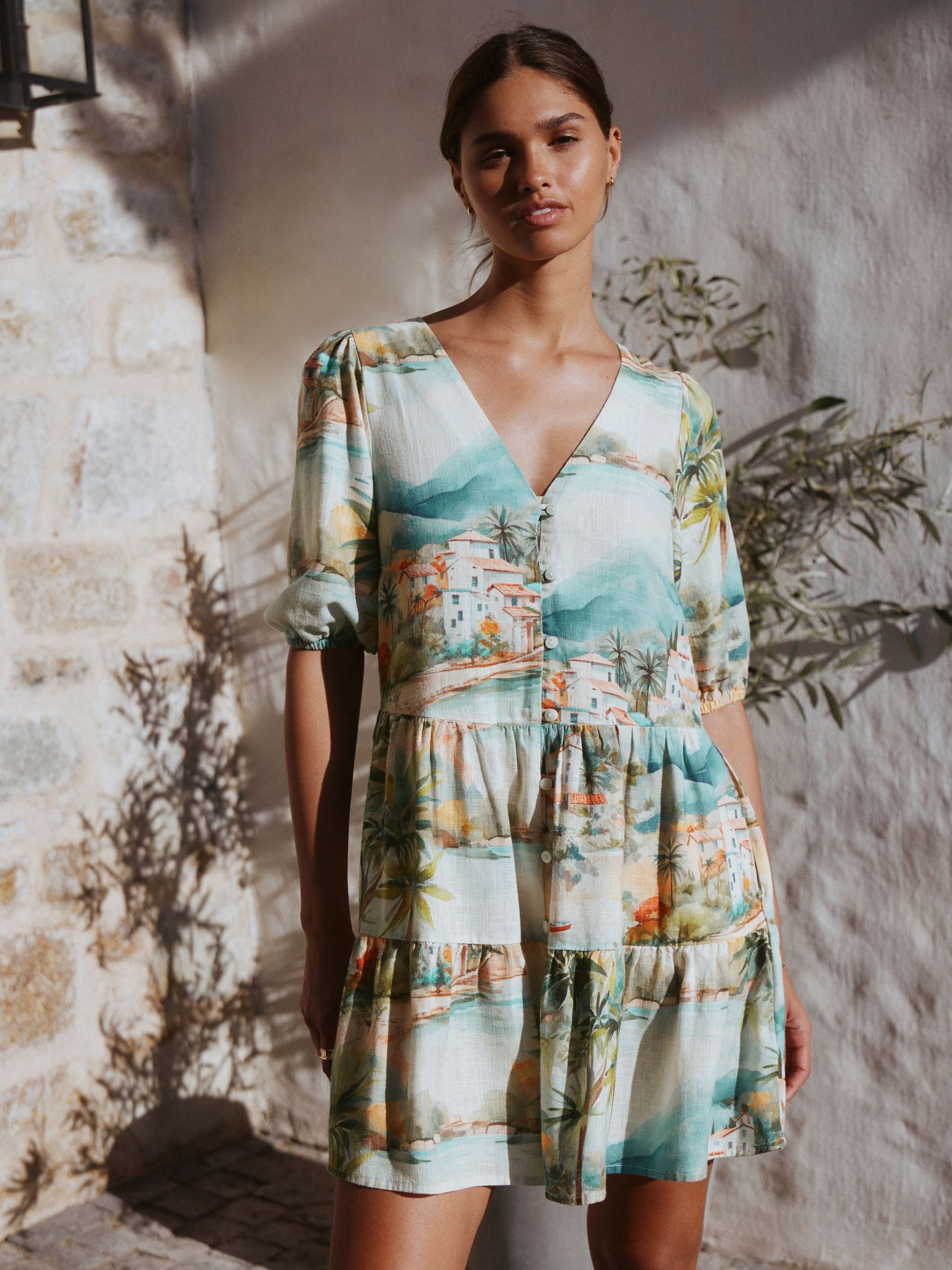 Blue House Print Short Sleeve Button Through Tiered Mini Dress with Linen