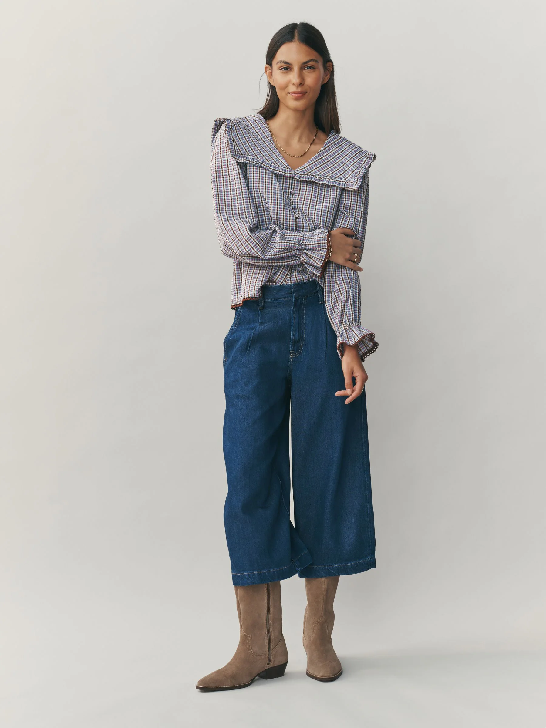 Blue/Brown Check Oversized Collar Long Sleeve Blouse