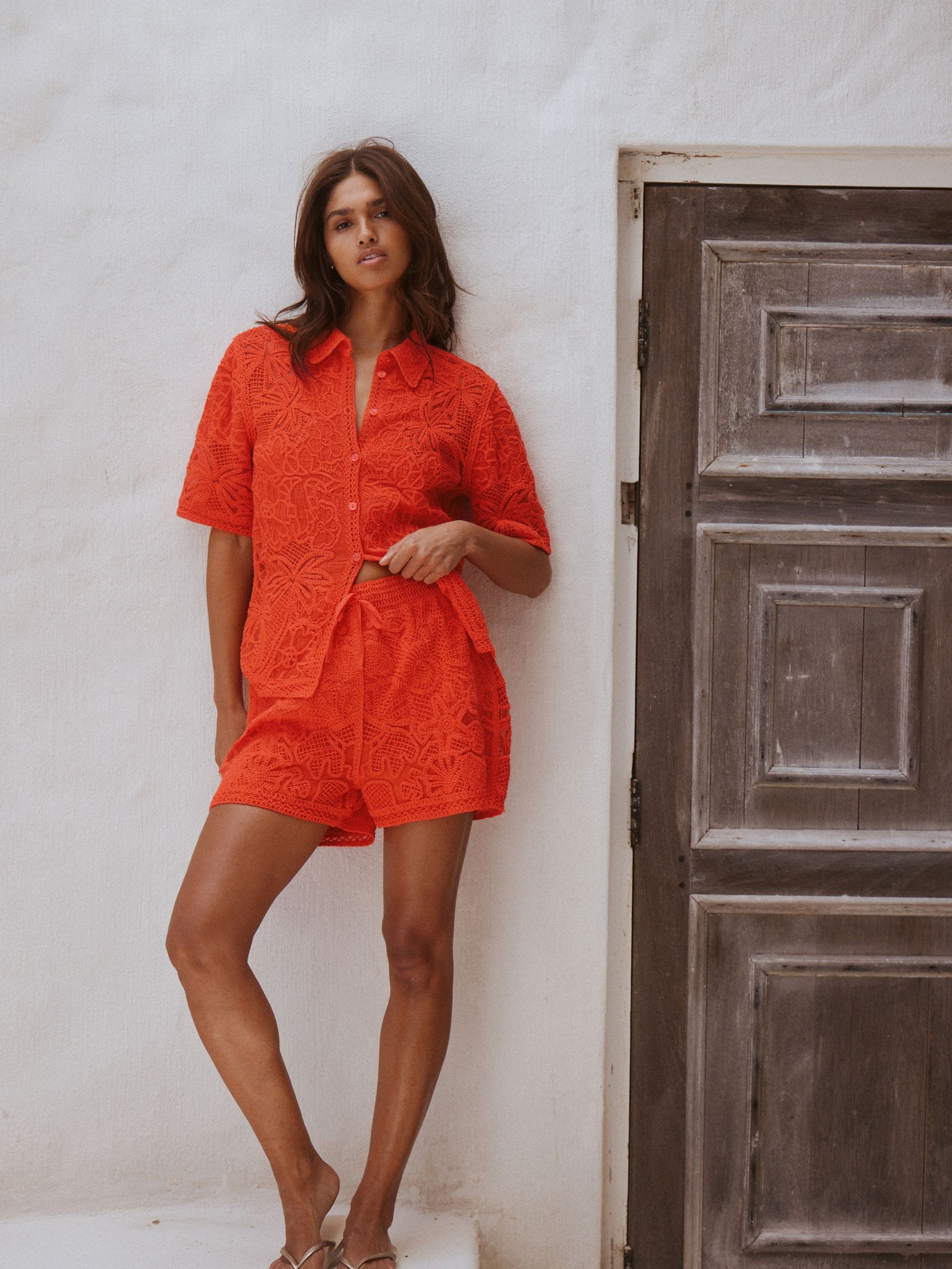 Orange Crochet Tie Waist Shorts