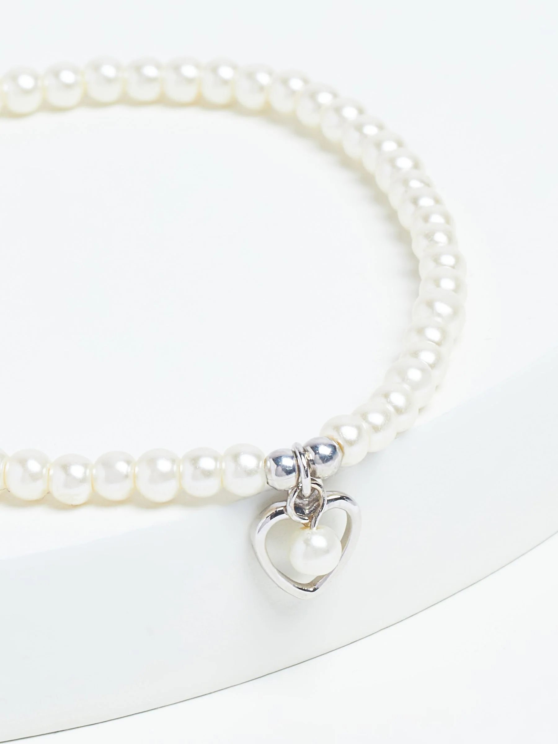 Sterling Silver Heart Charm Pearl Effect Beaded Bracelet