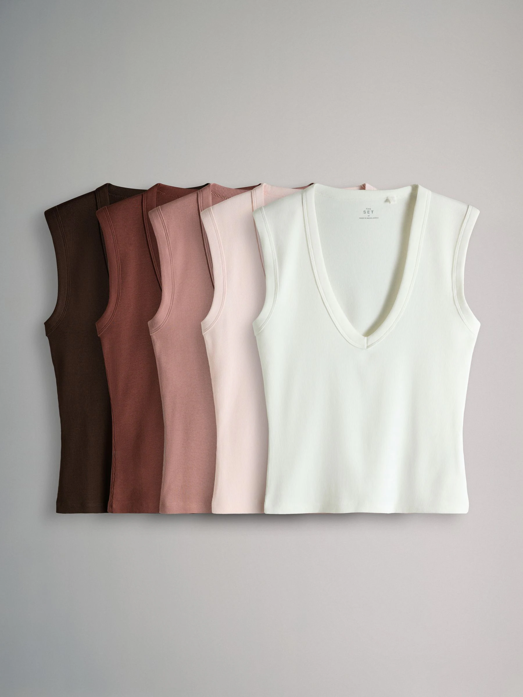 The Set 5 Pack Deep V-Neck Ribbed Vest Chocolate Brown/Pink/White