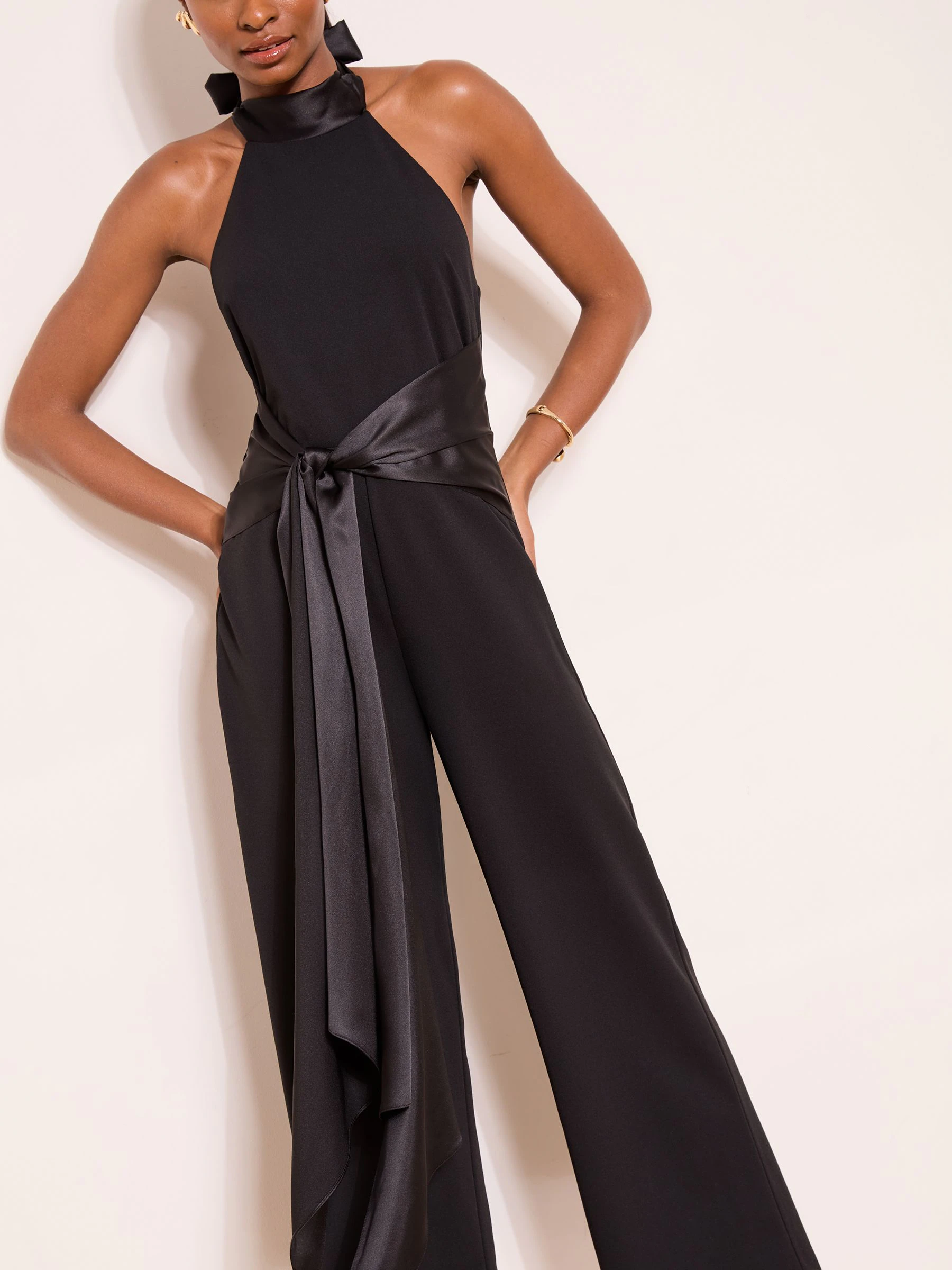 Lipsy Black Halter Neck Satin Drape Jumpsuit