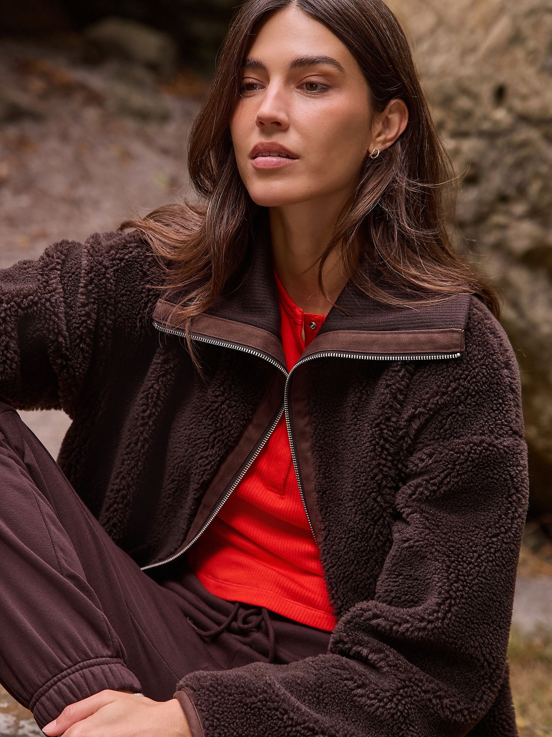 Chocolate Brown Borg Zip Through Fleece With Rib Collar