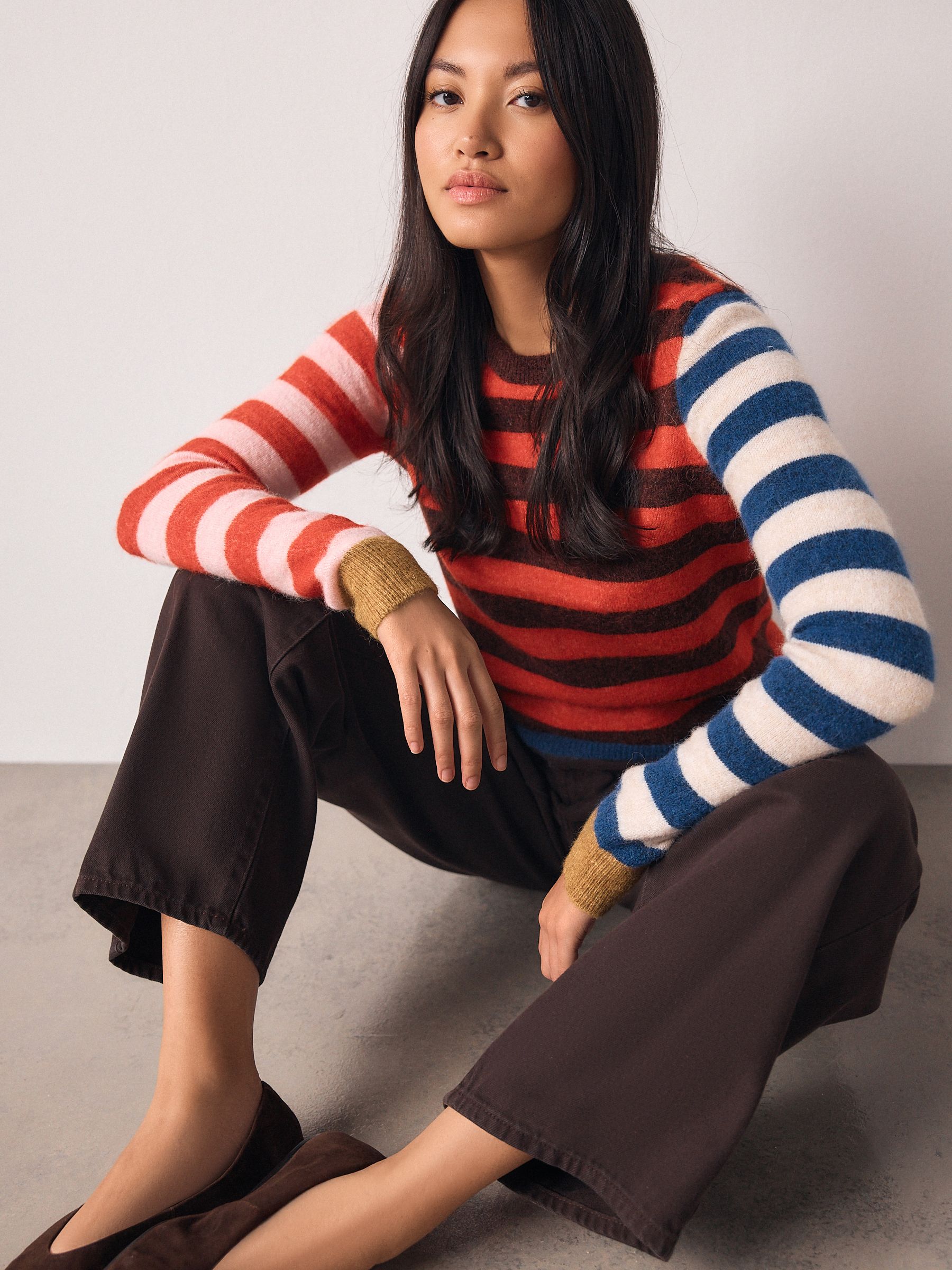 Multi Red/Blue Stripe Long Sleeve Crew Neck Jumper With Wool