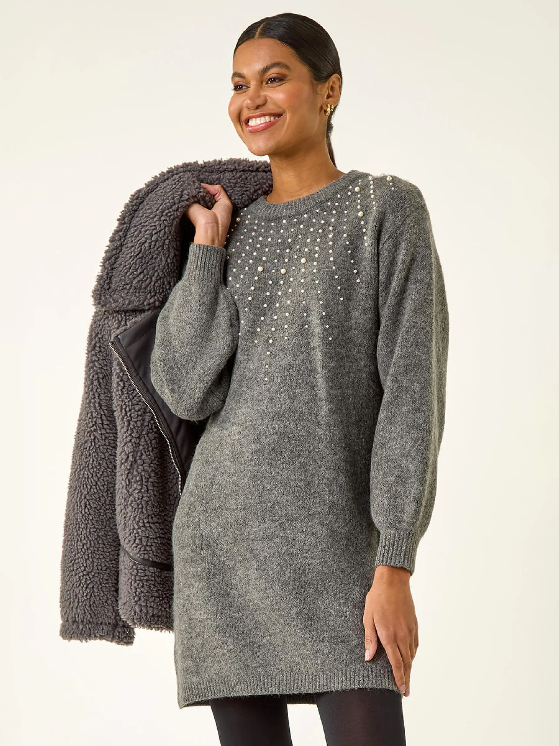 Roman Grey Faux Pearl Knit Dress