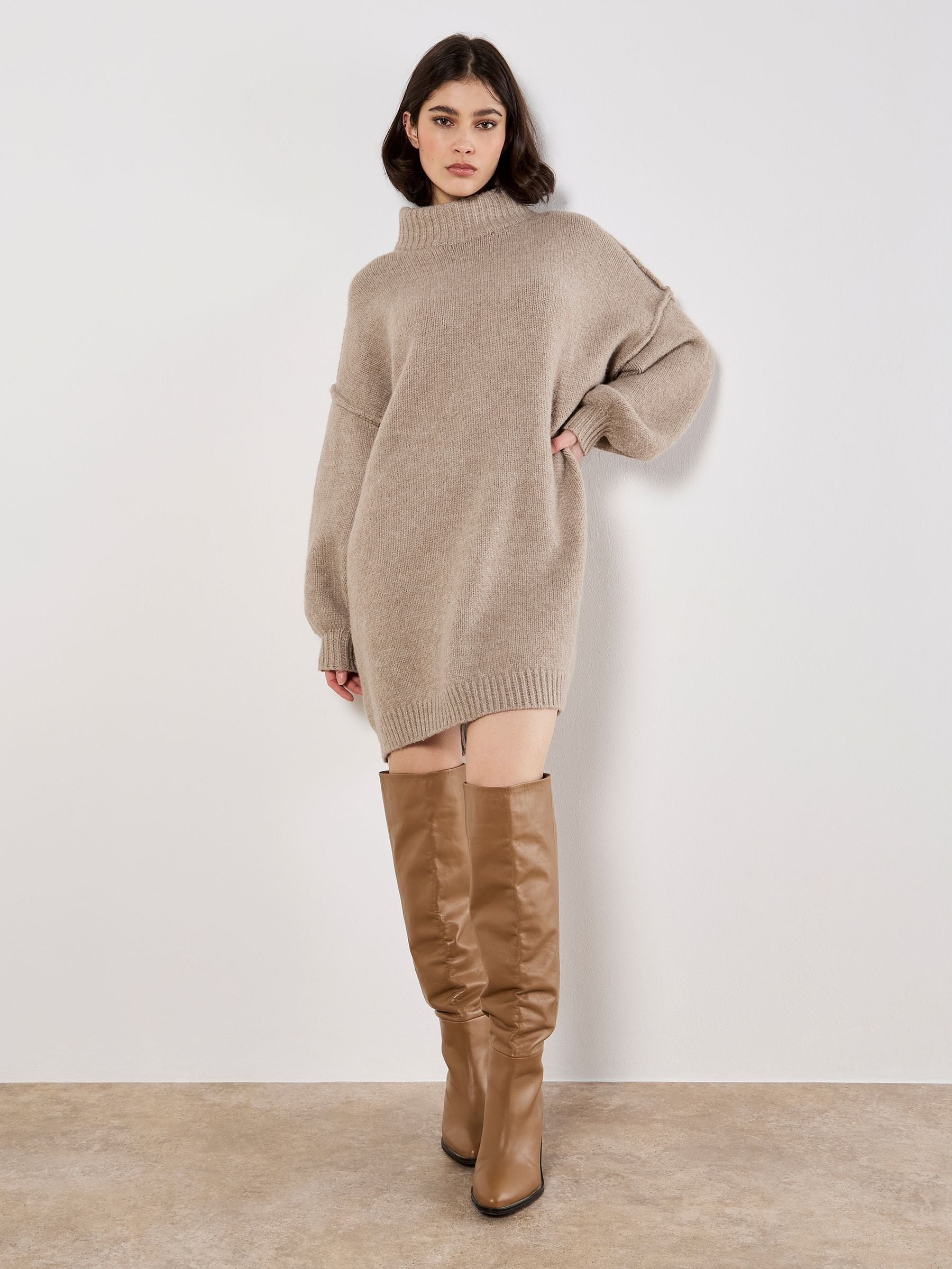Apricot Natural Fuzzy Oversized Mock Neck Jumper Dress