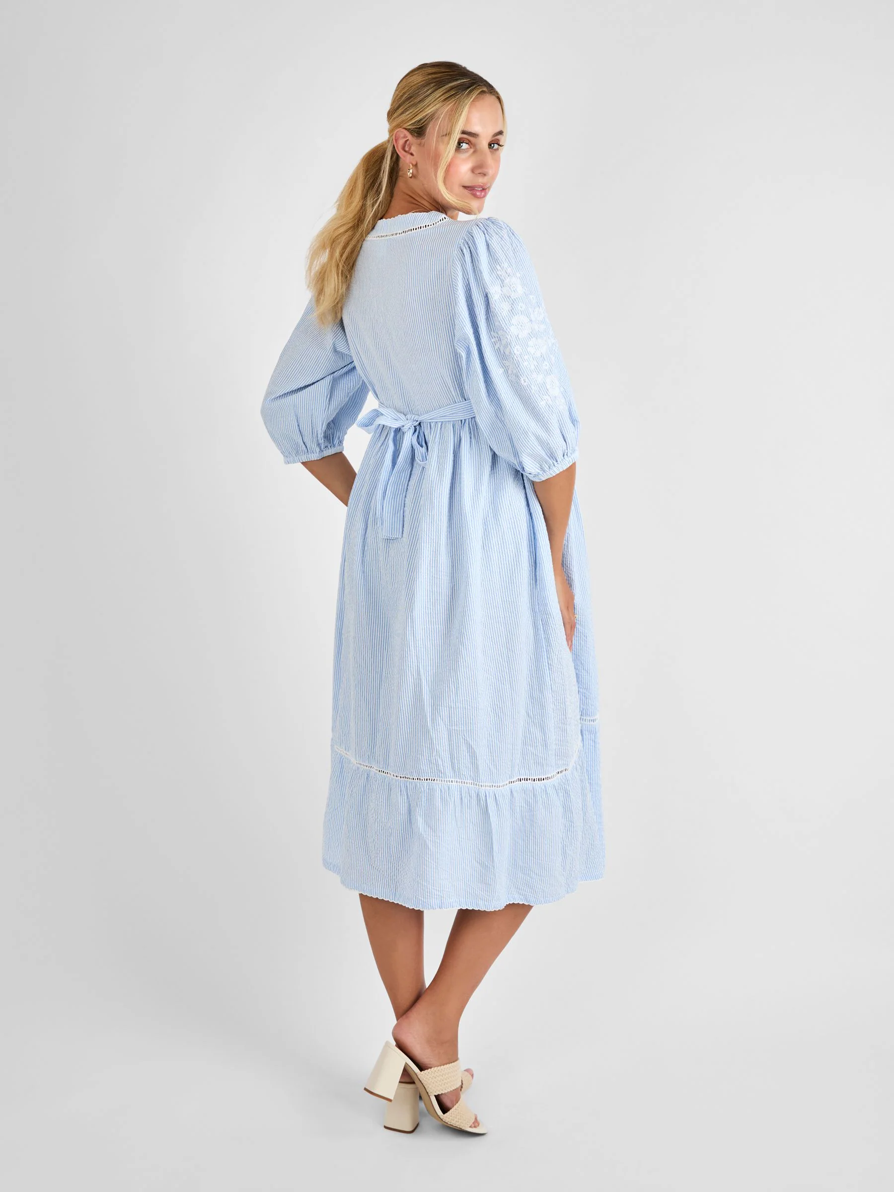 JoJo Maman Bébé Blue Stripe Embroidered Maternity 100% Cotton Dress