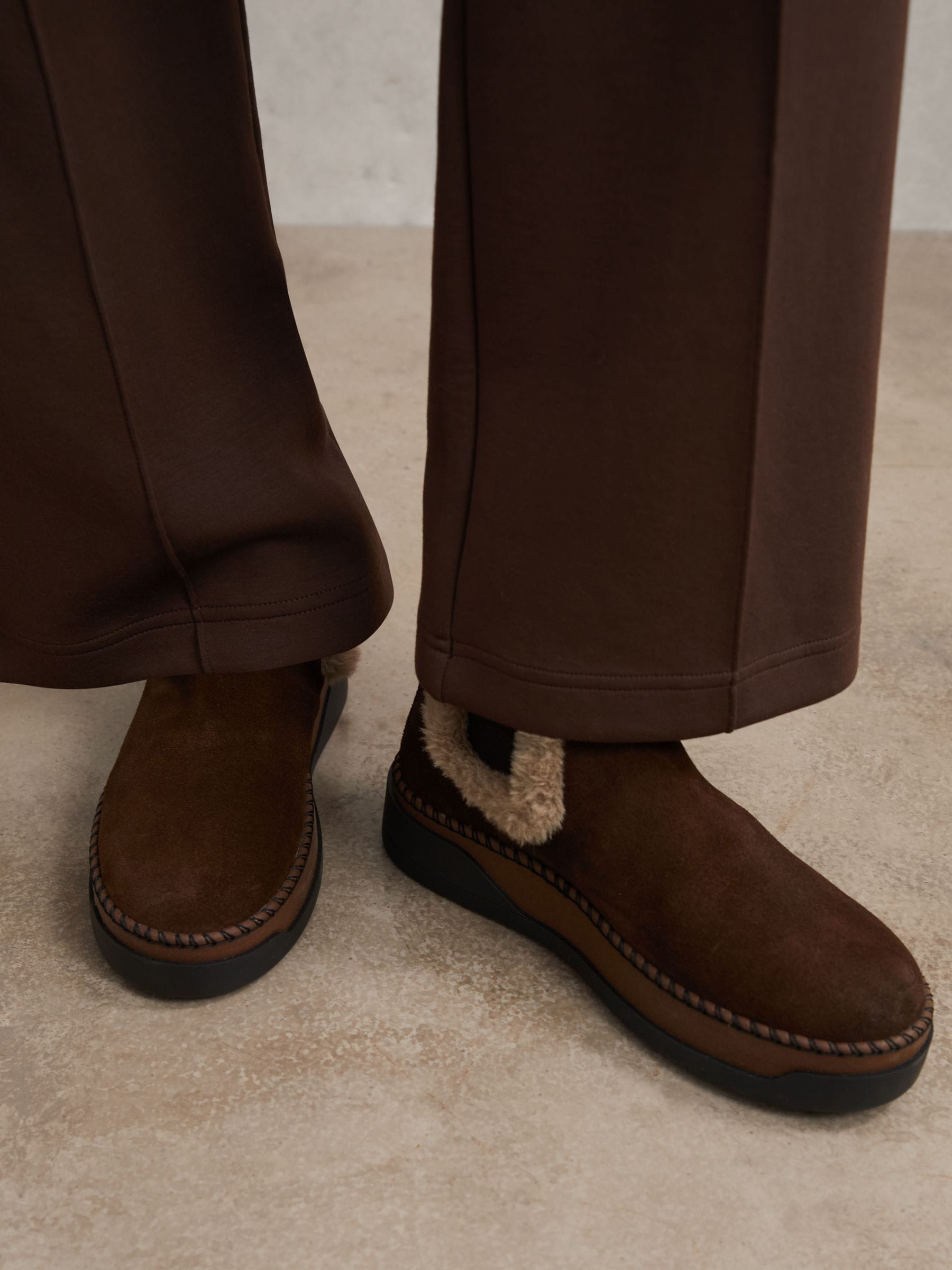 Reiss Chocolate Lexi Suede Faux Fur-Trim Ankle Boots