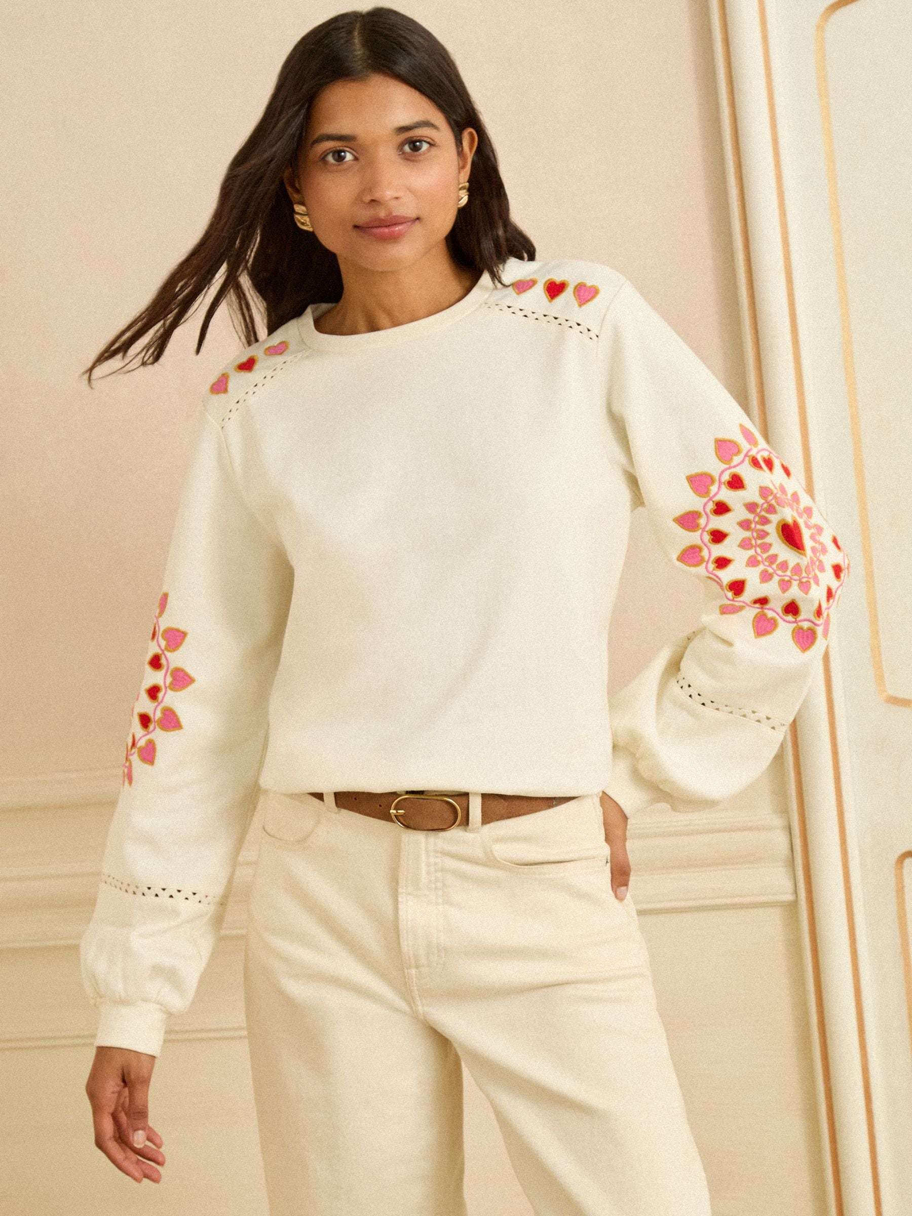 Love & Roses Cream Heart Ric Rac Embroidered Sweat Top