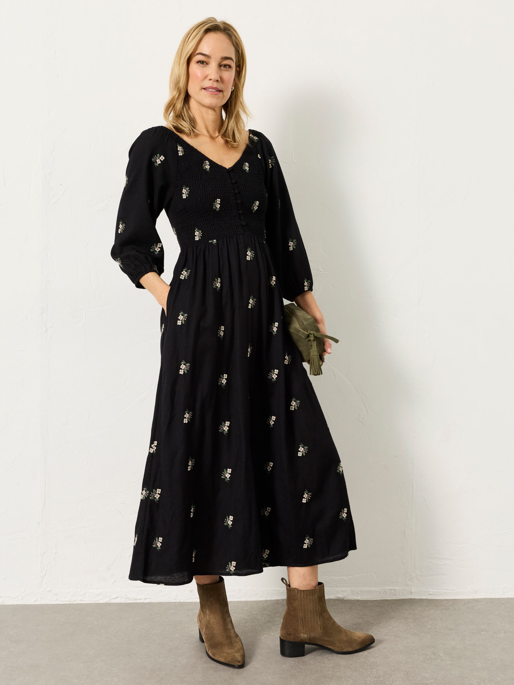 FatFace Adele Black Embroidered Midi Dress