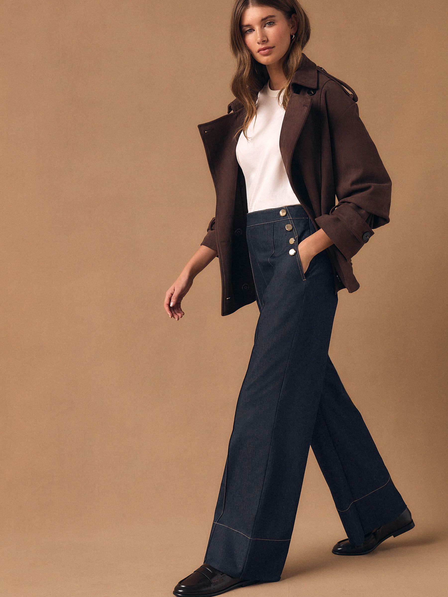 Denim Wide Leg Trousers With Gold Button Detailing