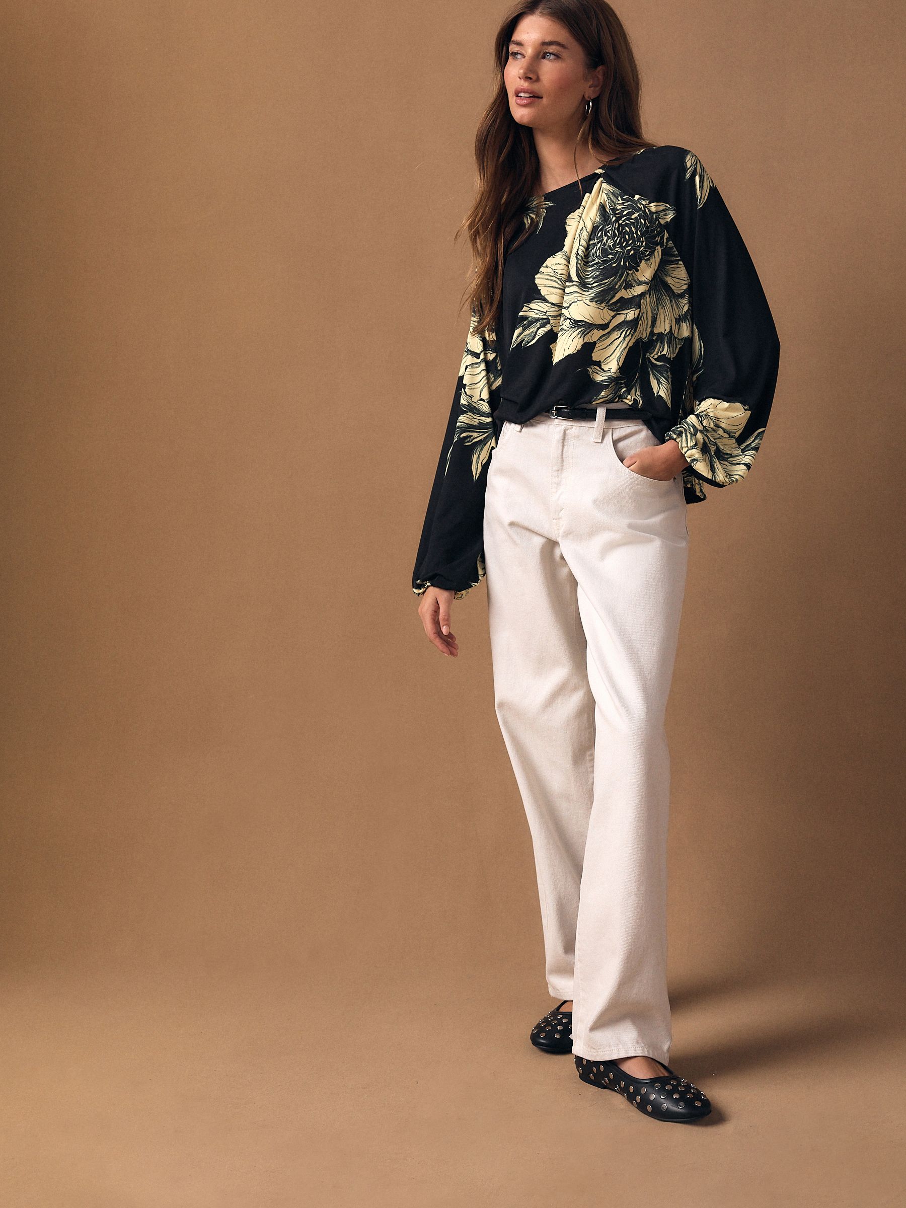 Black Floral Print Twist Neck Long Sleeve Blouse