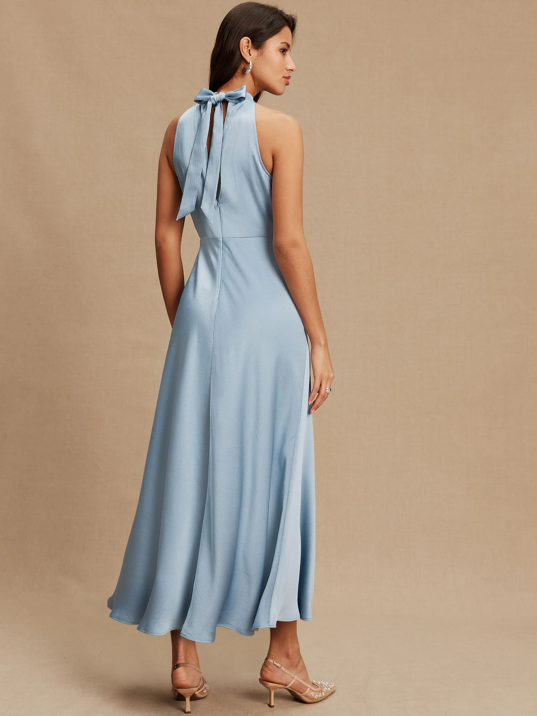 Light Blue Textured Satin Halter Sleeveless Midi Dress
