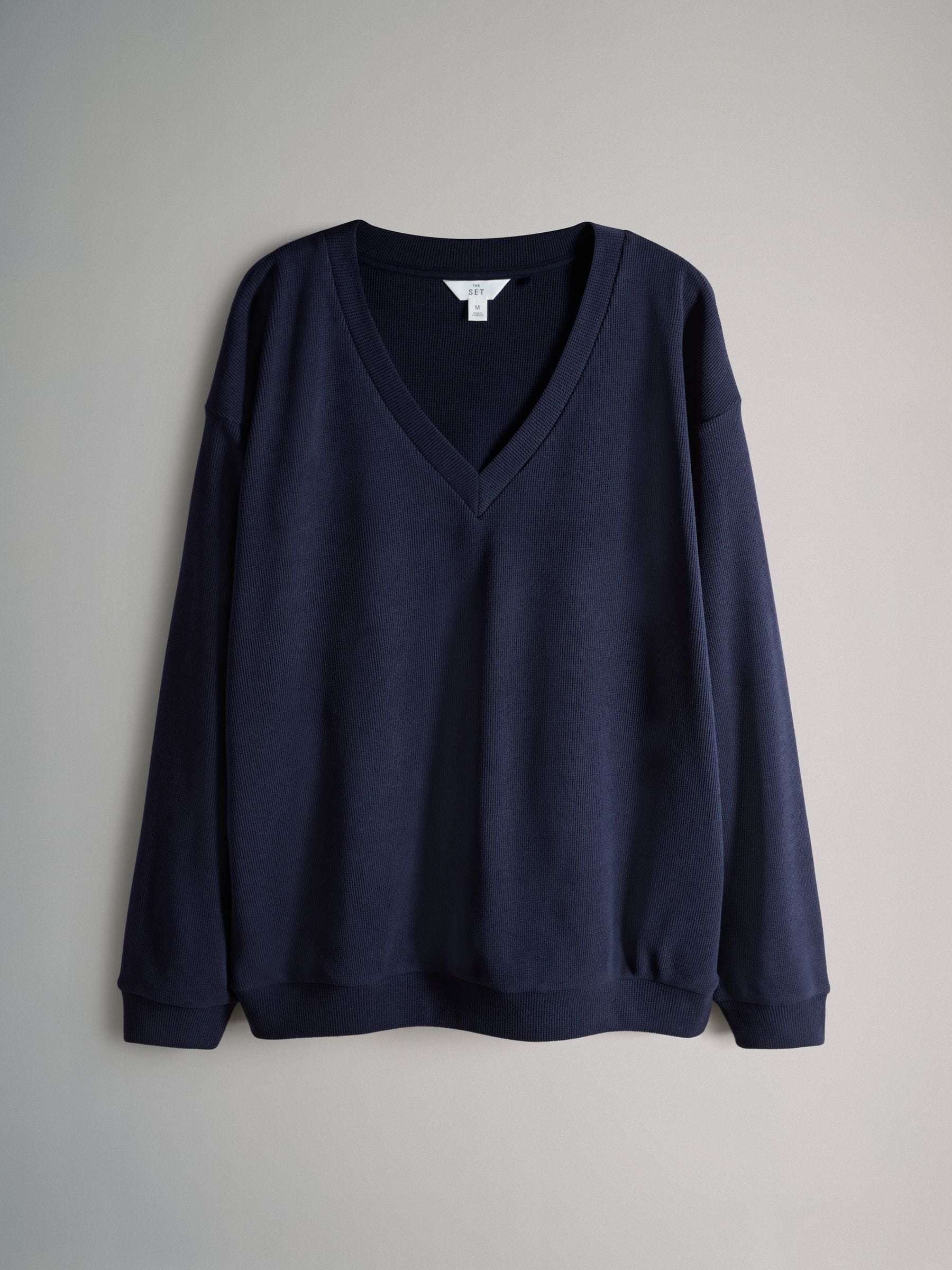 The Set Waffle V-Neck Sweat Top And Wide Leg Jogger Set Navy