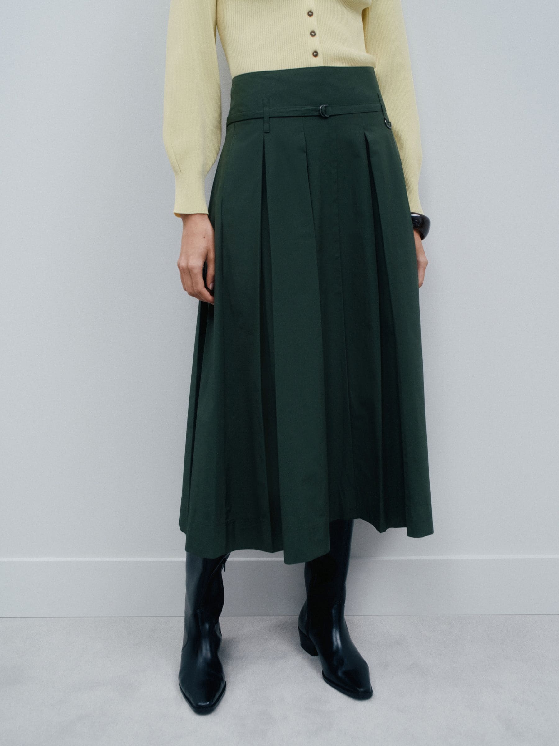 Khaki Green Pleated Midi Skirt