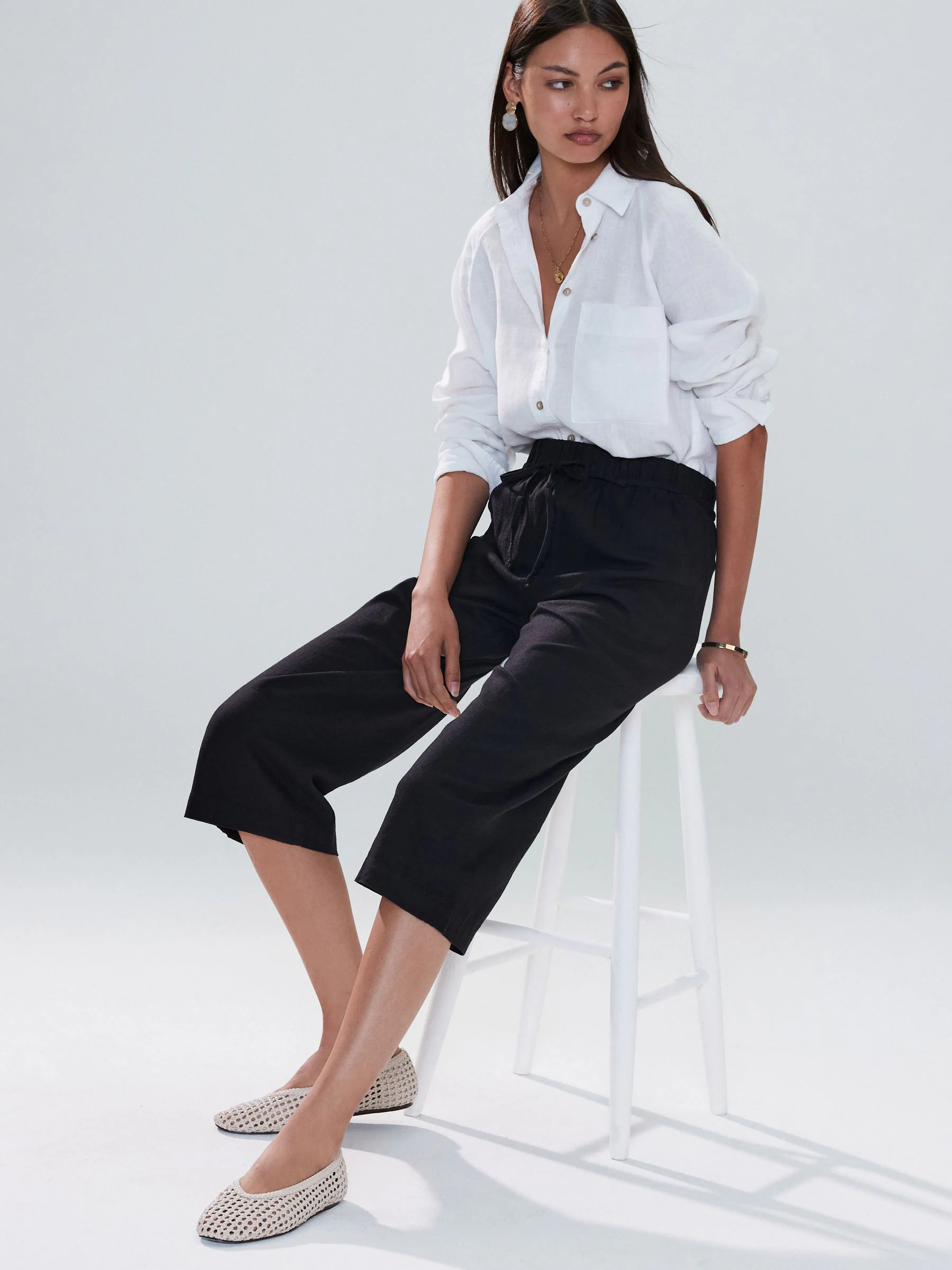 Black Tie Waist Linen Blend Culottes