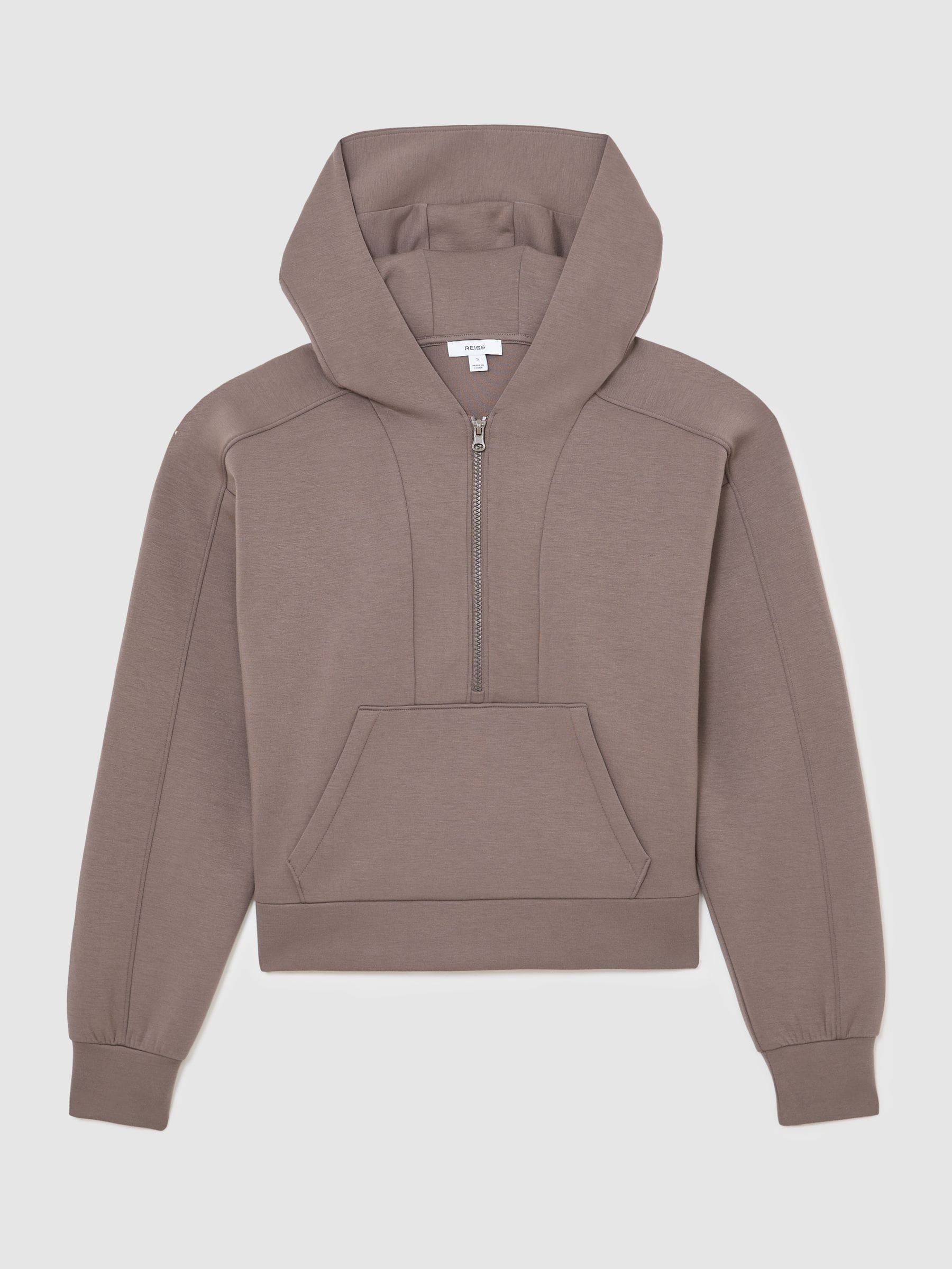 Reiss Taupe Brown Lockie Premium Interlock Half-Zip Hoodie