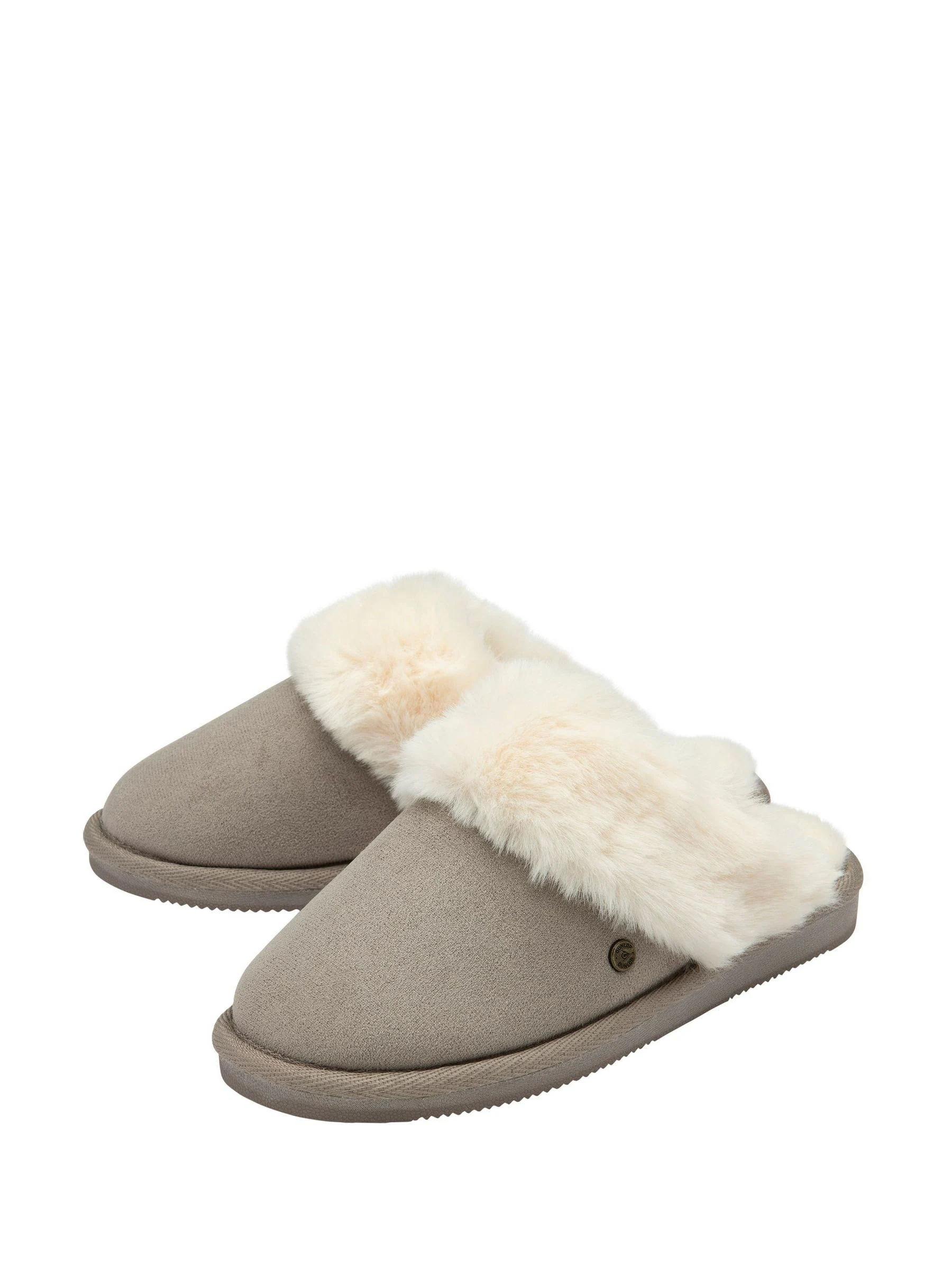 Dunlop Grey Faux Suede Mule Slippers Fur Collar