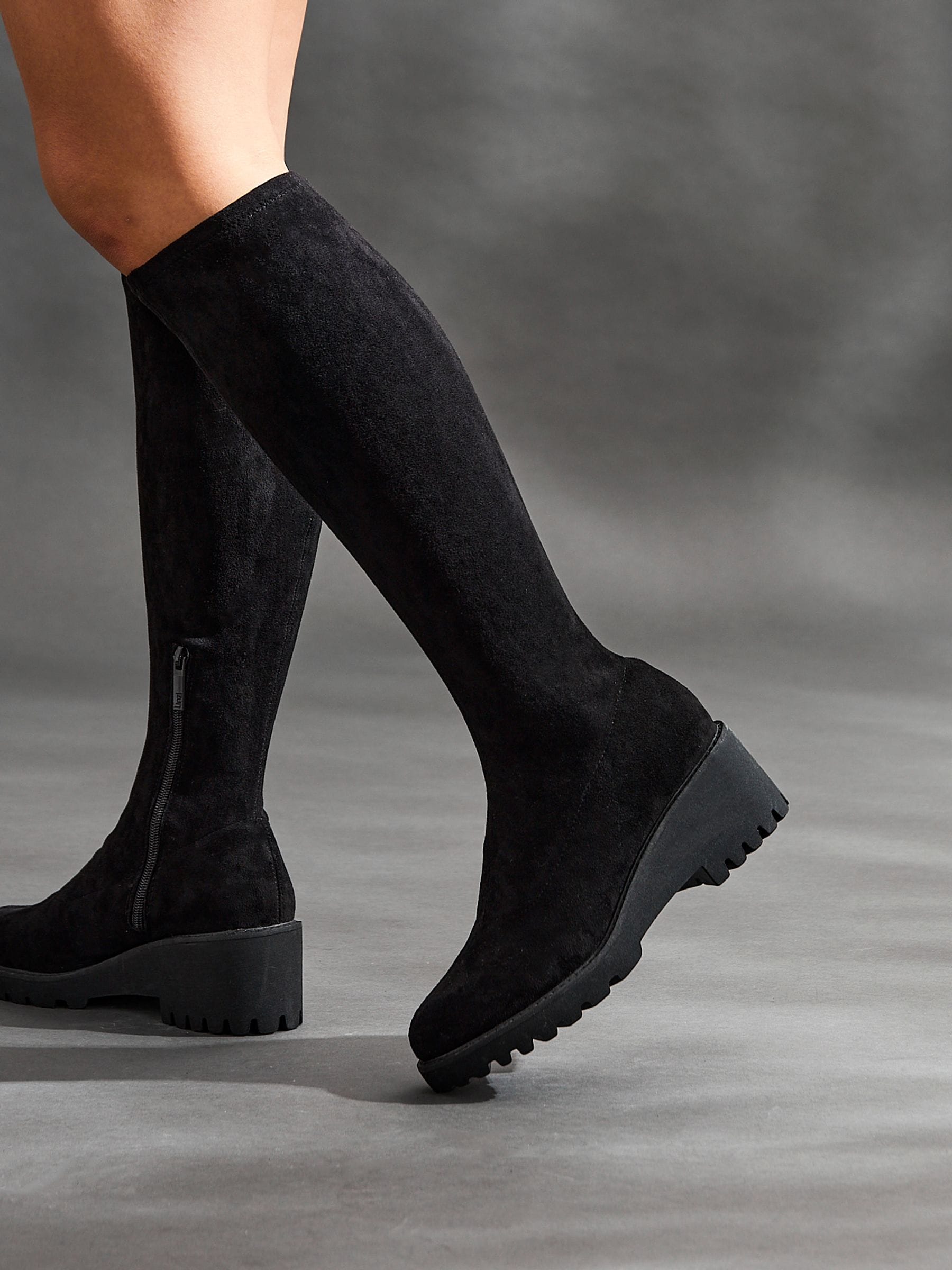 Linzi Black Kortina Brown Suede High Leg Boots With Wedged Heel