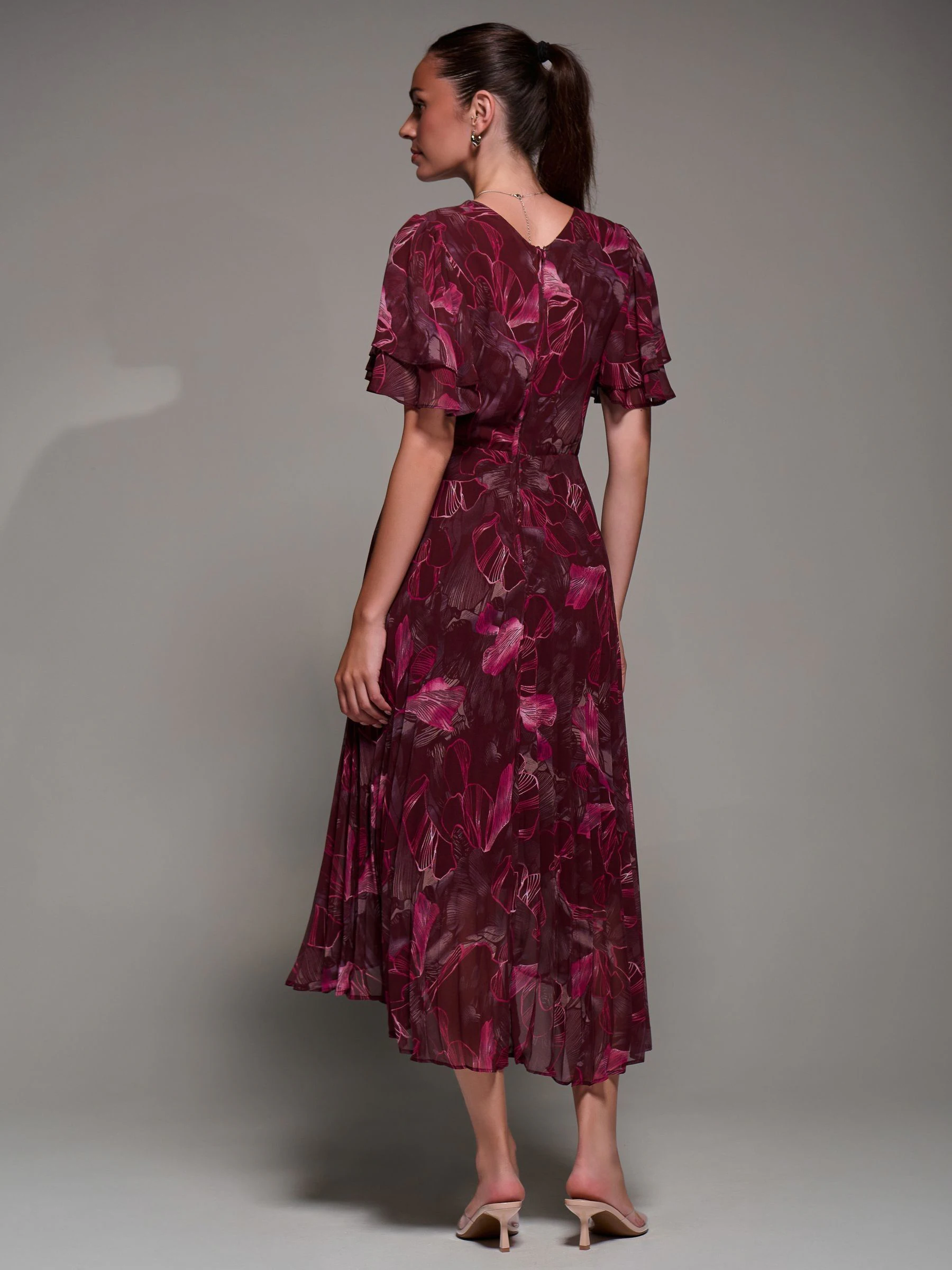 Jolie Moi Red Angel Sleeve Pleated Chiffon Midaxi Dress